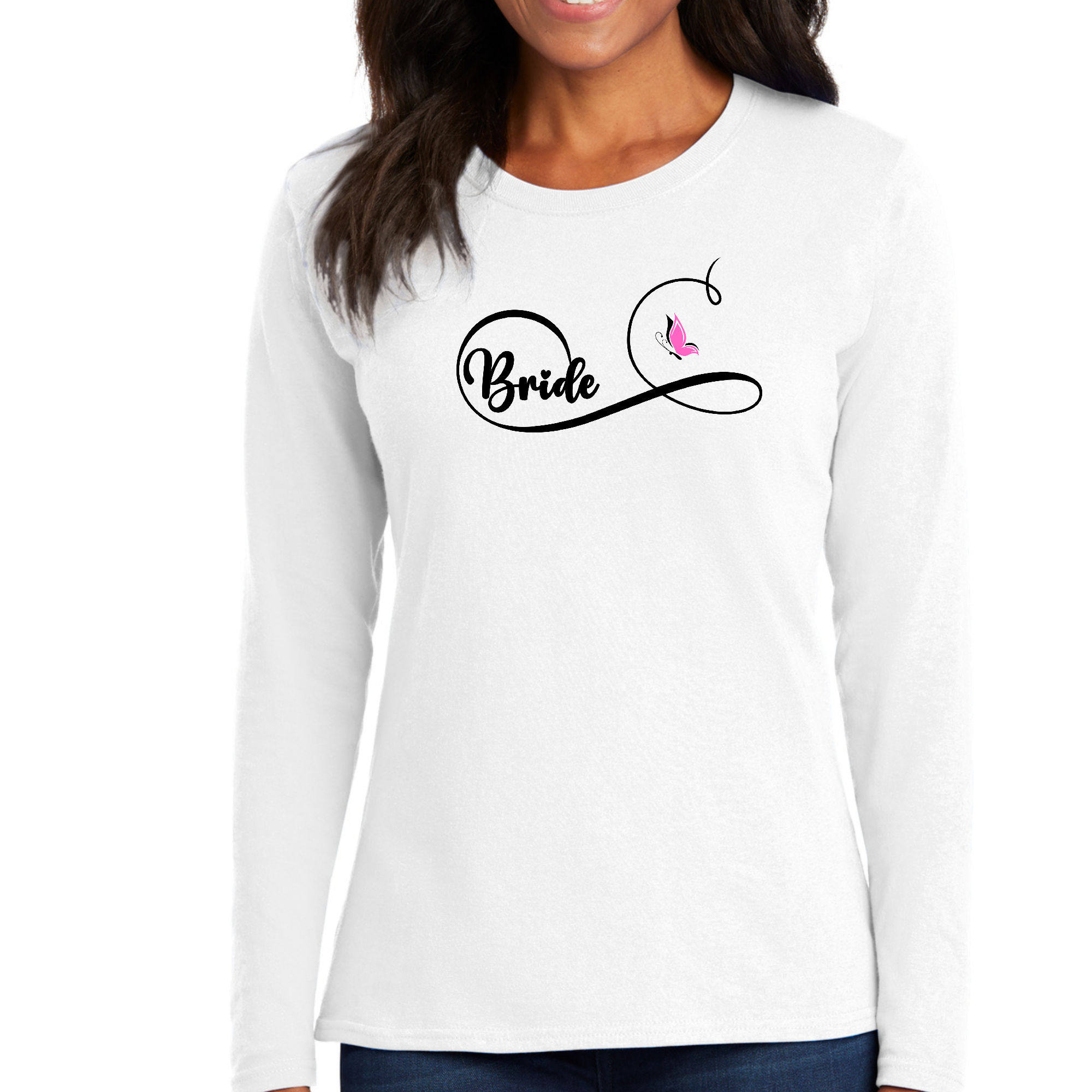 Women's Long Sleeve Graphic T-shirt featuring a Bride design with a butterfly illustration, perfect for wedding celebrations.