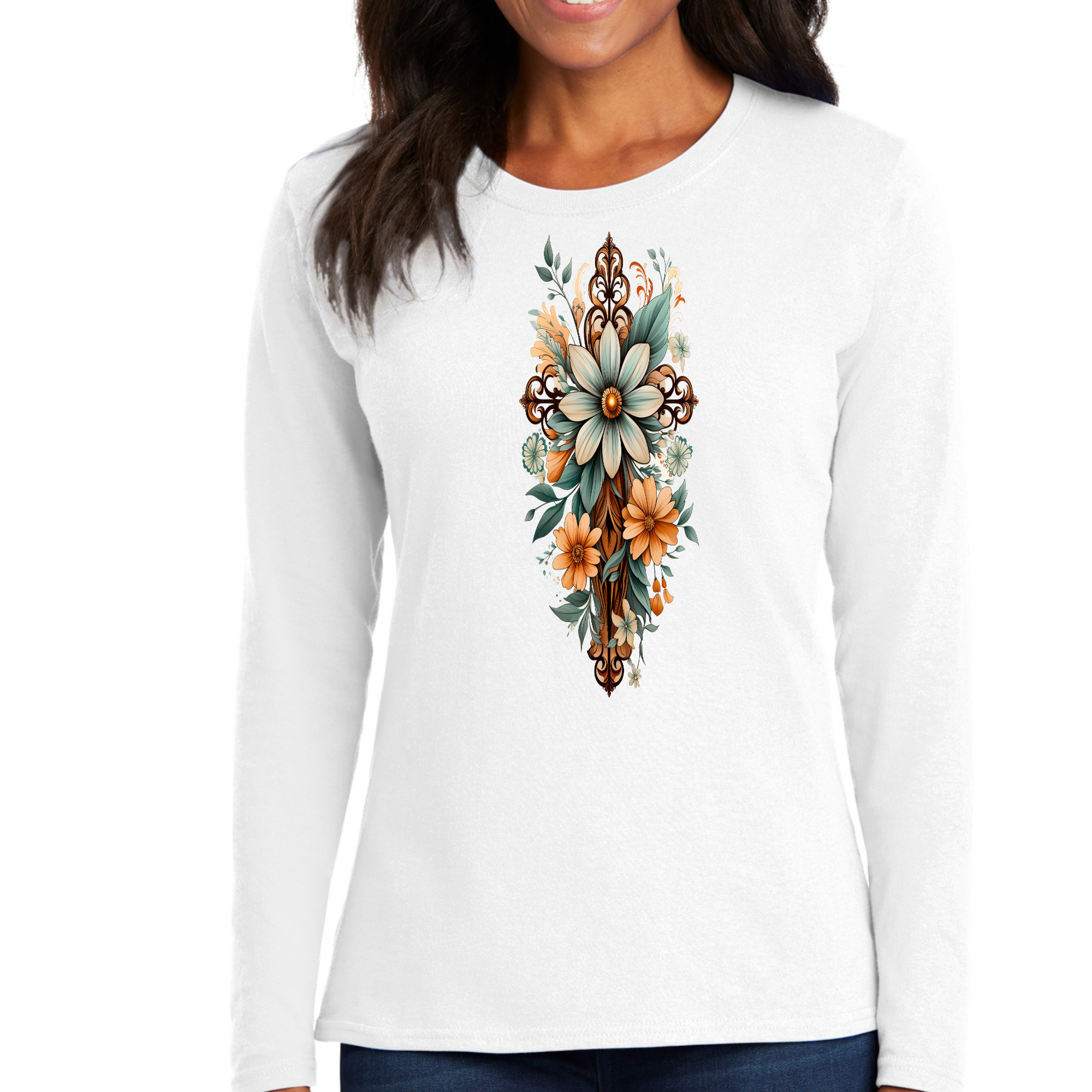 Women's Long Sleeve Graphic T-shirt with Christian Cross Floral Bouquet design in green and brown colors.