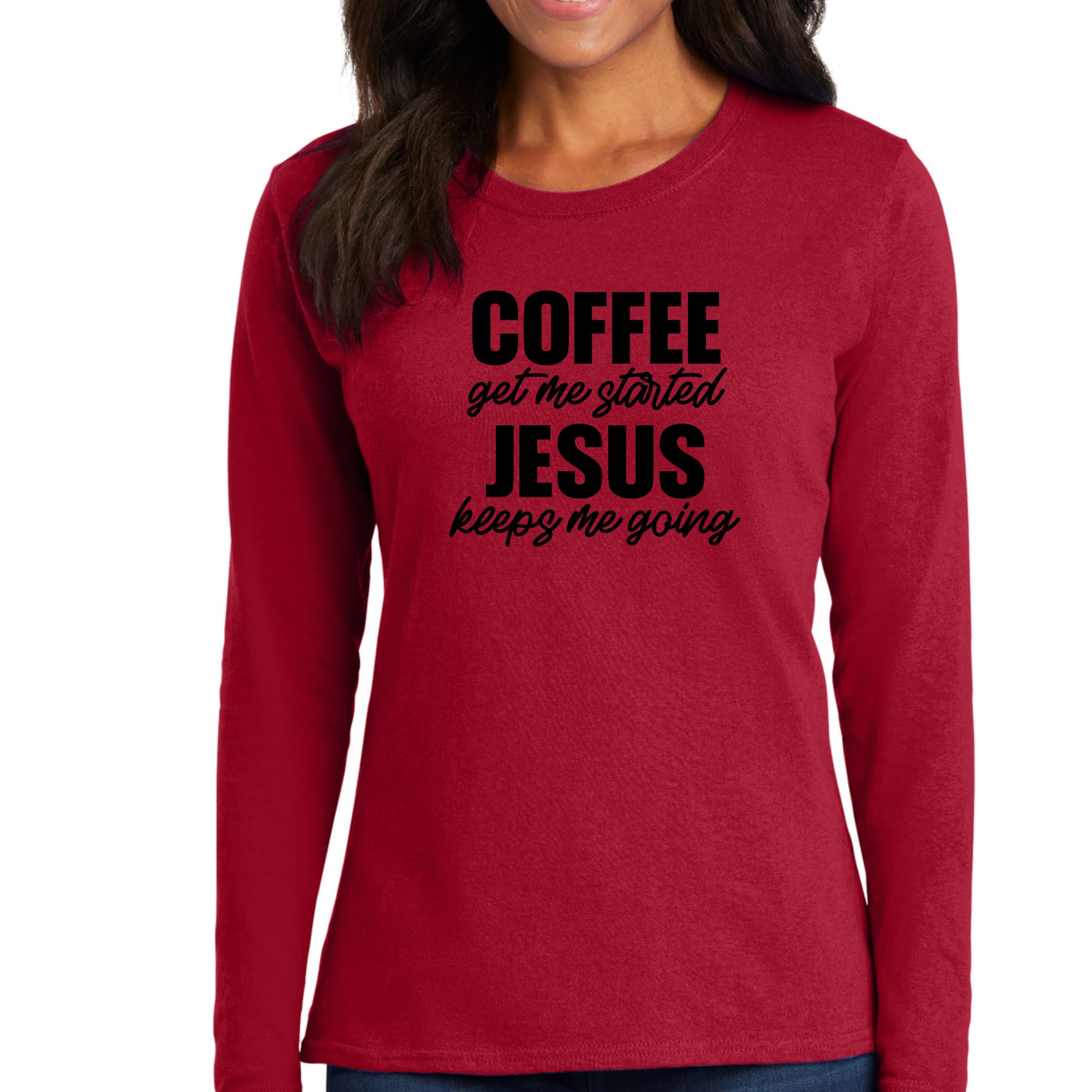 Women's long sleeve graphic t-shirt featuring 'Coffee Get me Started, Jesus' design, made from soft cotton with double-stitched seams.