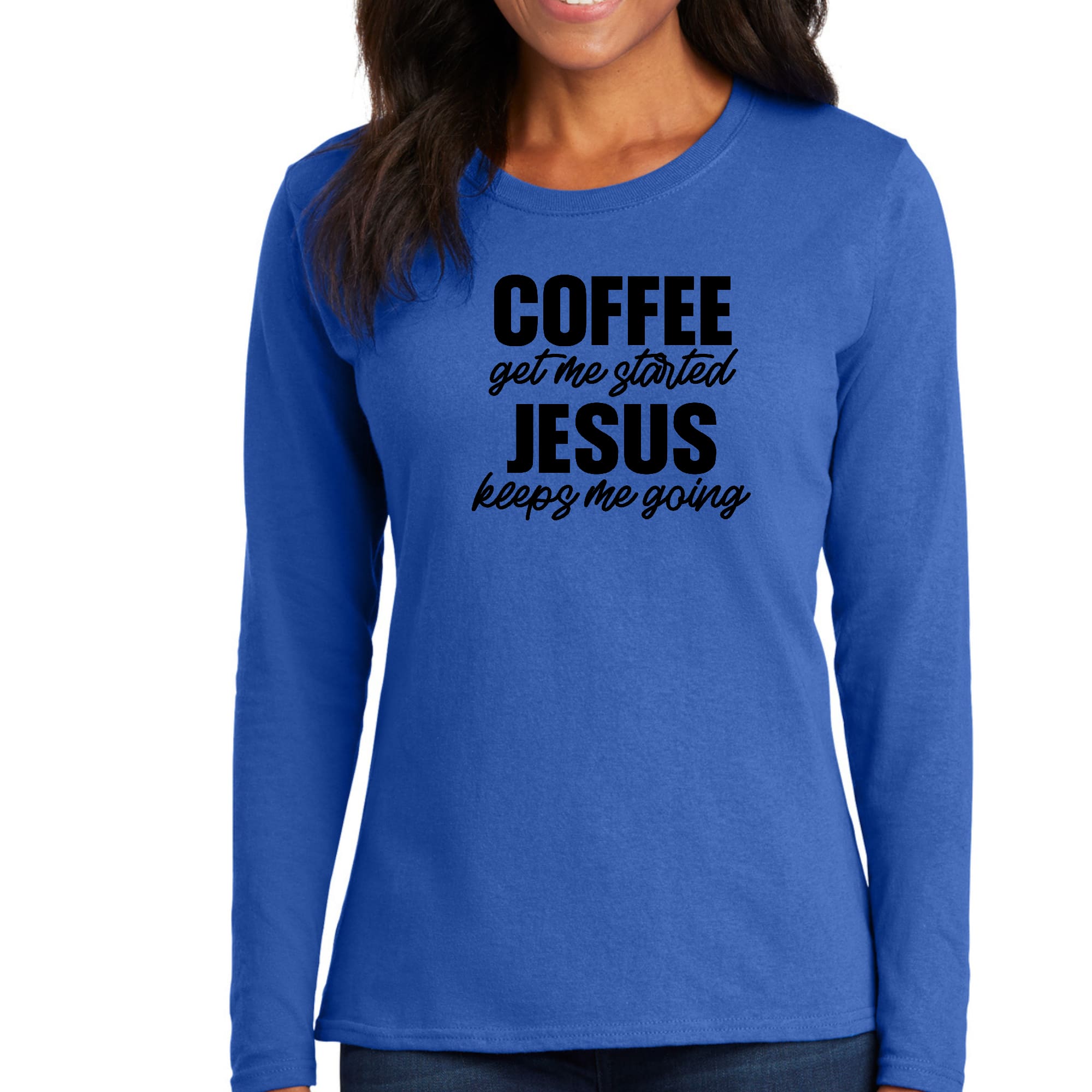 Women's long sleeve graphic t-shirt featuring 'Coffee Get me Started, Jesus' design, made from soft cotton with double-stitched seams.