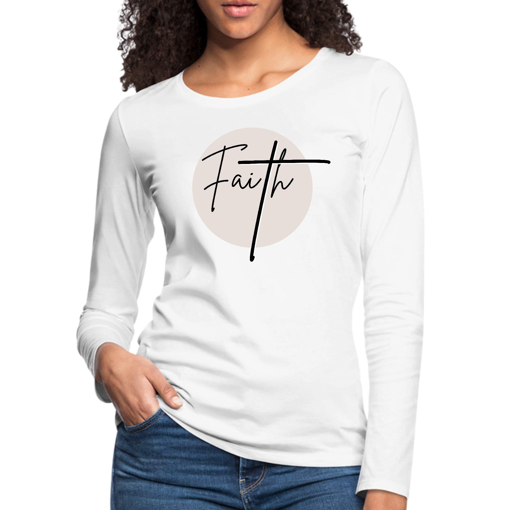 Women's Long Sleeve Graphic T-shirt in black and beige featuring a Faith design, made from soft preshrunk cotton.