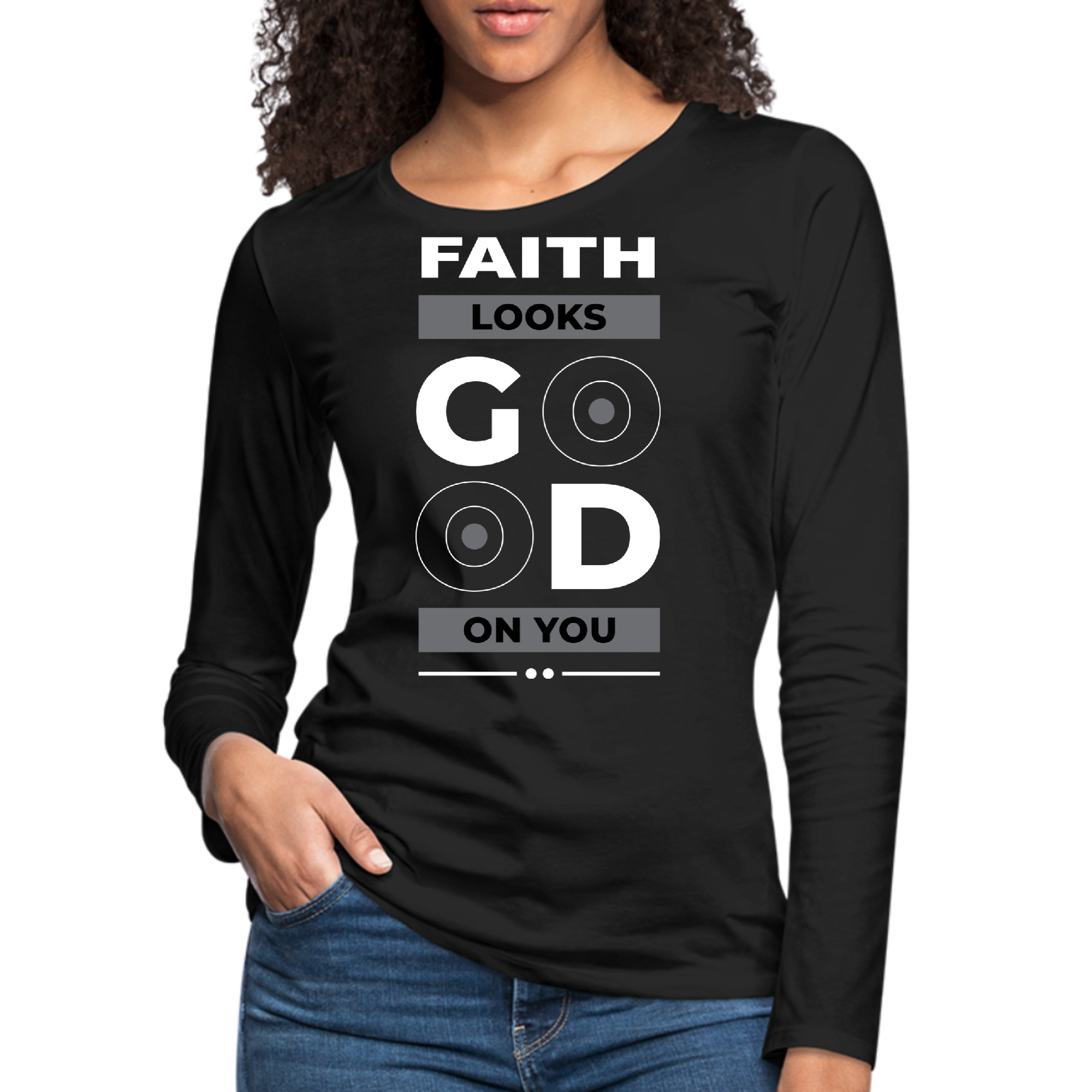 Women's long sleeve graphic t-shirt featuring the phrase 'Faith Looks Good' in stylish print.