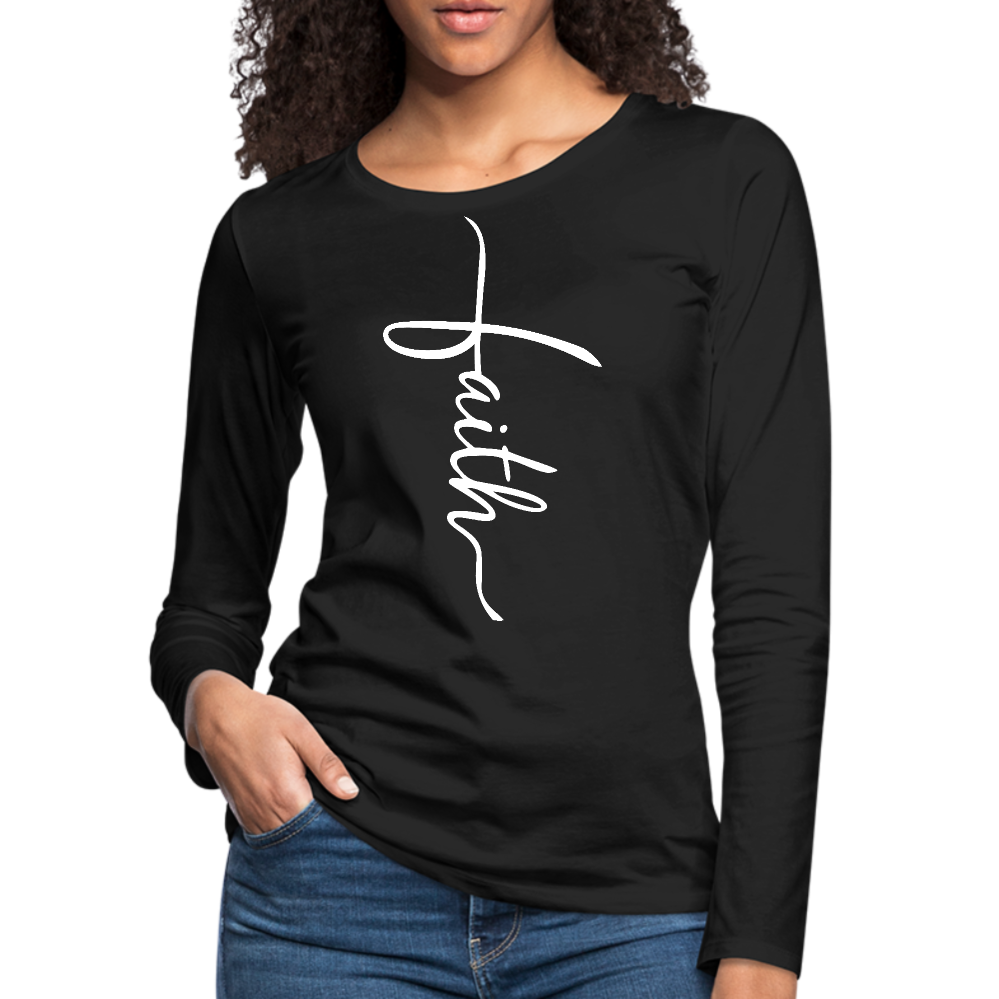 Women's long sleeve graphic t-shirt featuring a Faith Script Cross illustration, showcasing soft cotton fabric and stylish design.