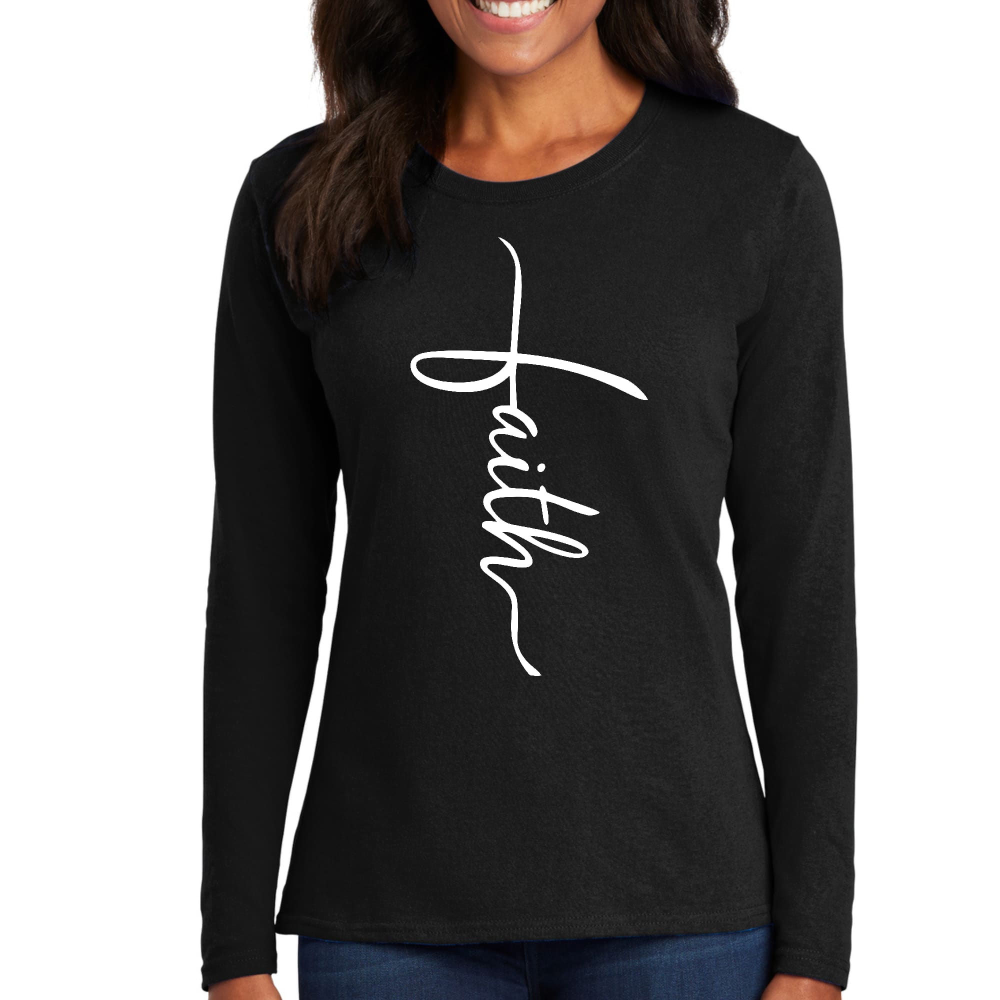 Women's long sleeve graphic t-shirt featuring a Faith Script Cross illustration, showcasing soft cotton fabric and stylish design.