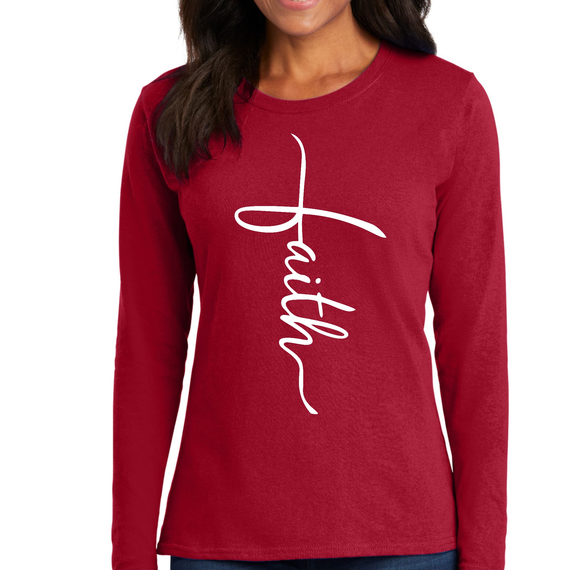 Women's long sleeve graphic t-shirt featuring a Faith Script Cross illustration, showcasing soft cotton fabric and stylish design.