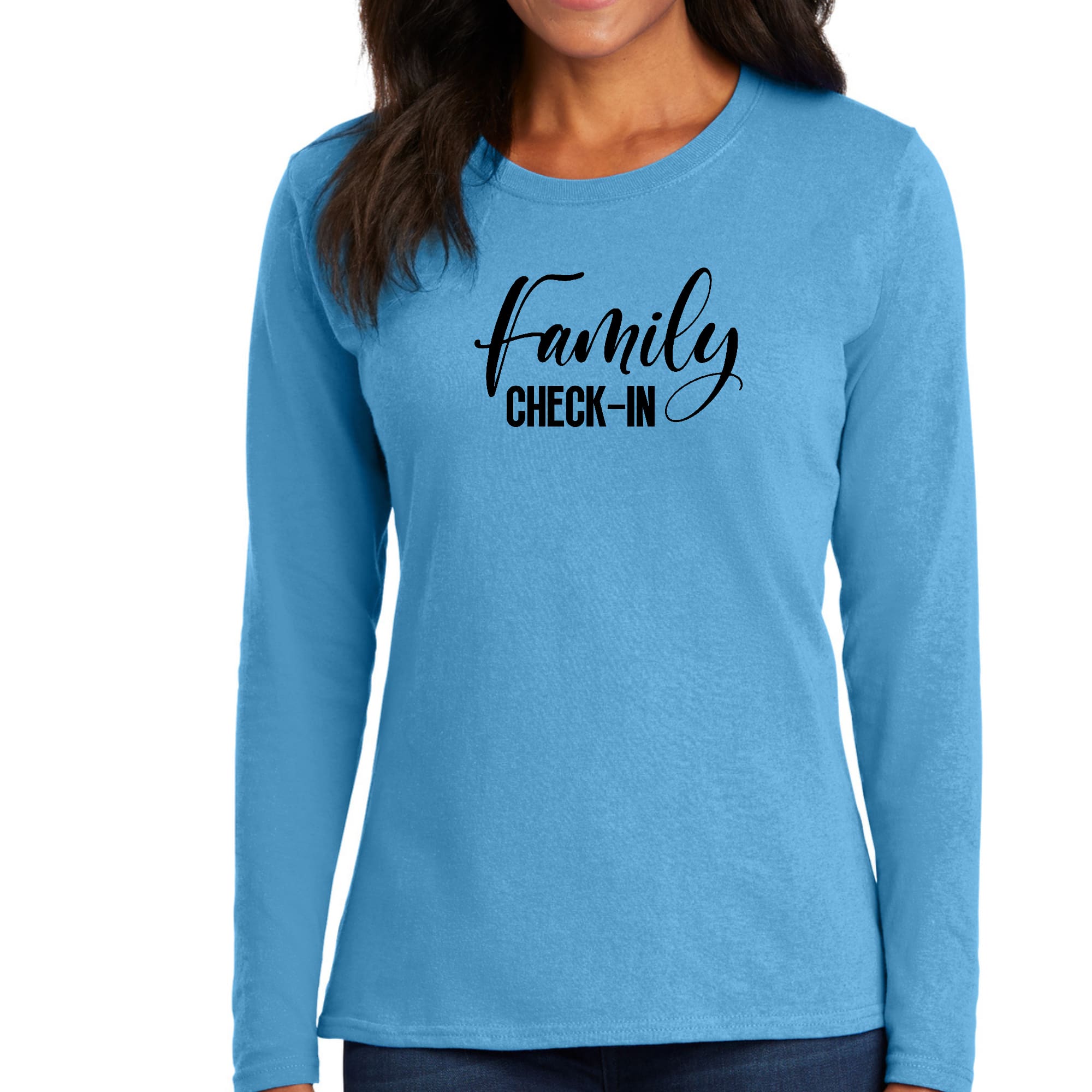Womens Long Sleeve Graphic T-shirt featuring Family Check-in illustration in a comfortable fit, perfect for family gatherings.