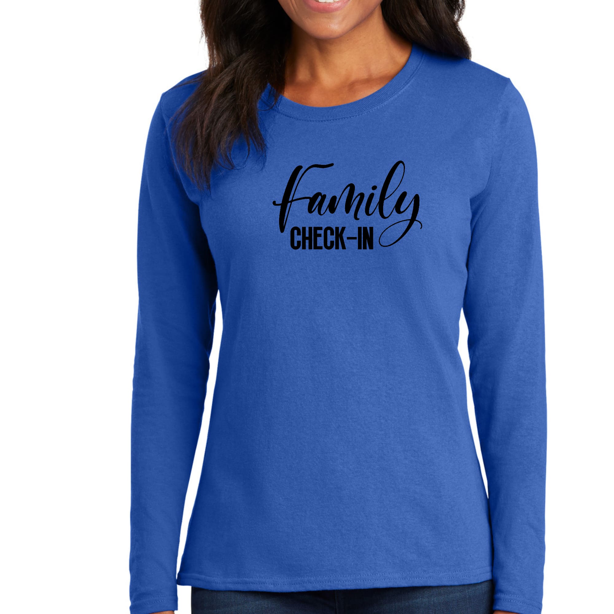 Womens Long Sleeve Graphic T-shirt featuring Family Check-in illustration in a comfortable fit, perfect for family gatherings.