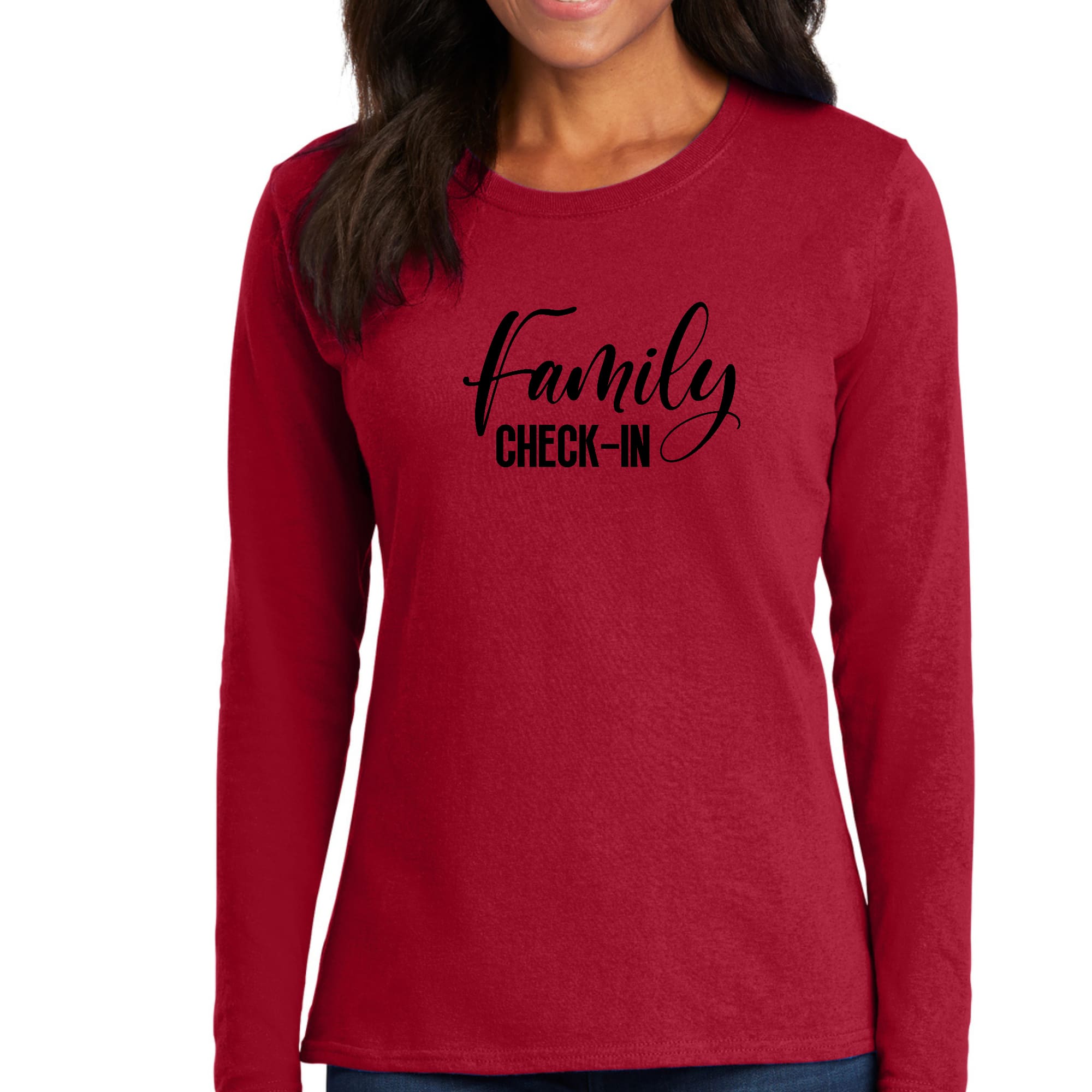 Womens Long Sleeve Graphic T-shirt featuring Family Check-in illustration in a comfortable fit, perfect for family gatherings.