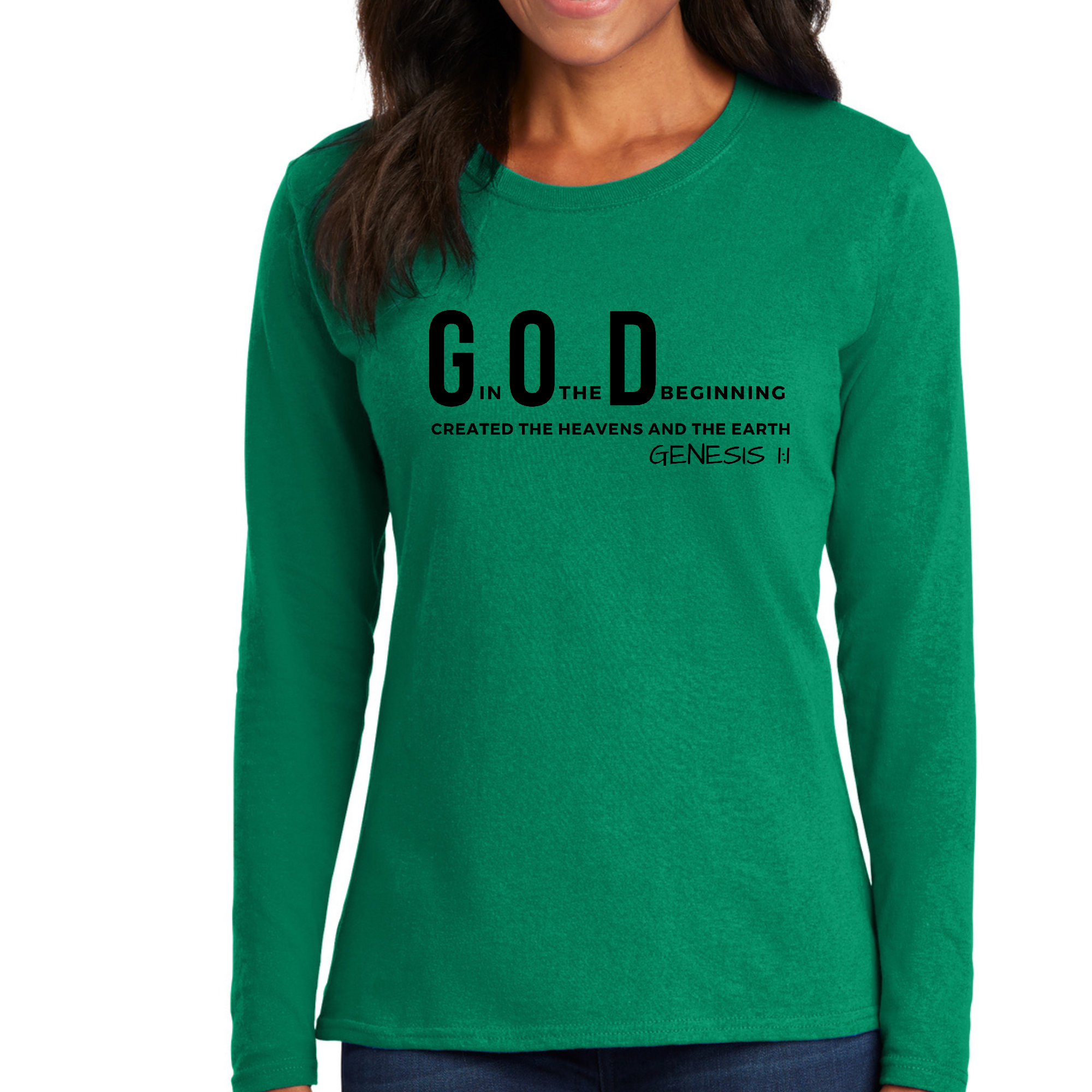 Womens Long Sleeve Graphic T-shirt in black featuring 'God in the Beginning' print, showcasing soft cotton fabric and classic fit.