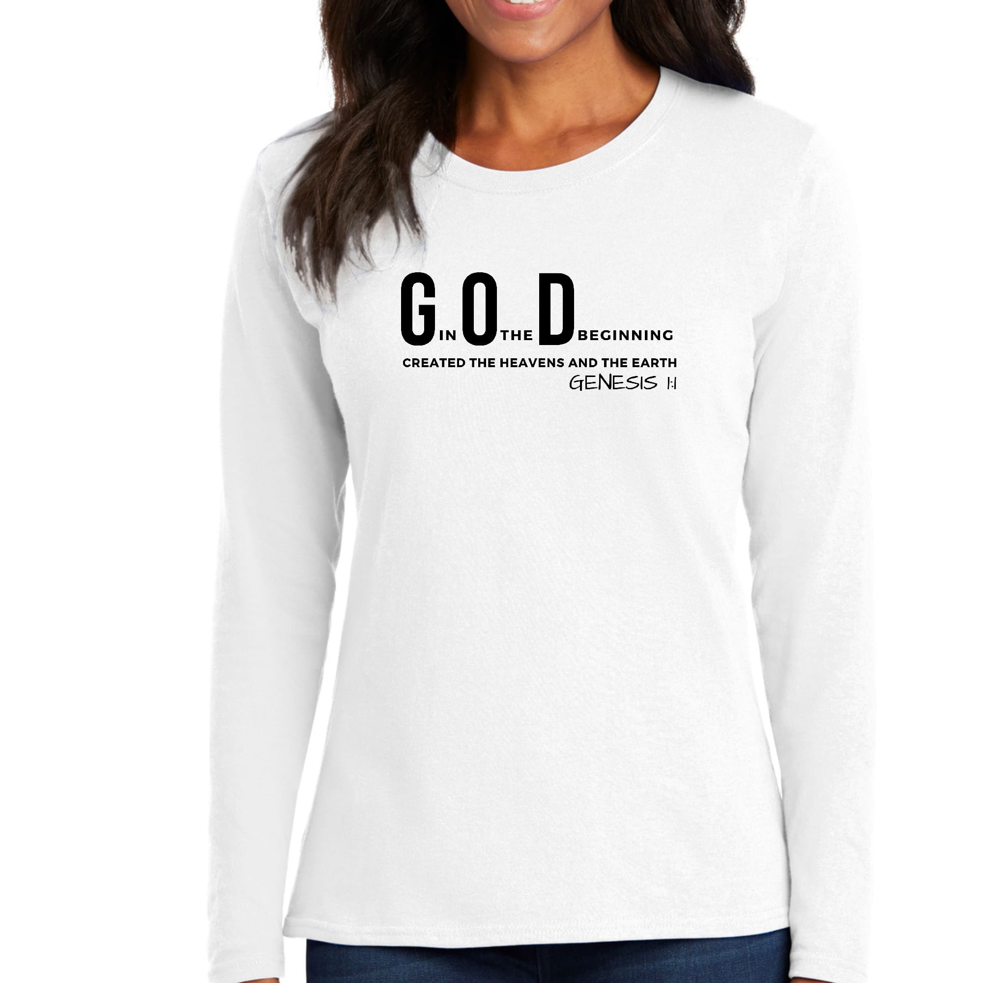 Womens Long Sleeve Graphic T-shirt in black featuring 'God in the Beginning' print, showcasing soft cotton fabric and classic fit.