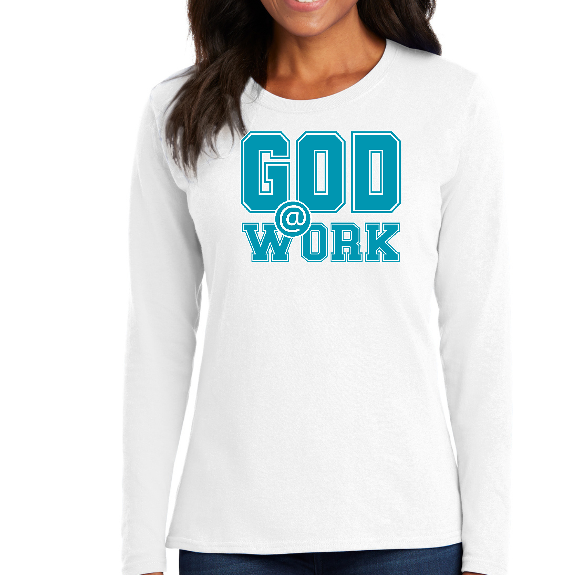 Womens Long Sleeve Graphic T-shirt in blue, green, and white with 'God @ Work' print, showcasing a stylish and comfortable design.
