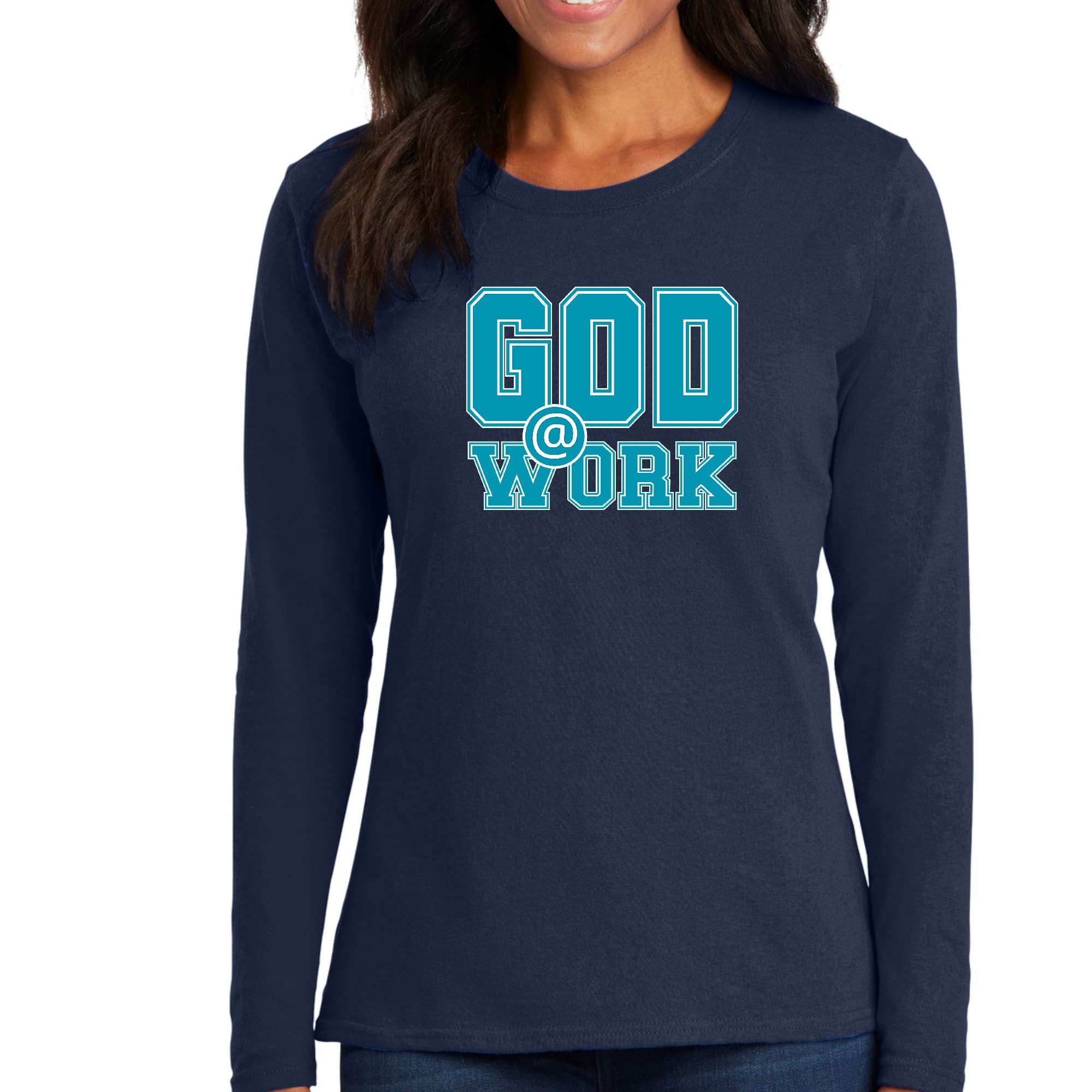 Womens Long Sleeve Graphic T-shirt in blue, green, and white with 'God @ Work' print, showcasing a stylish and comfortable design.