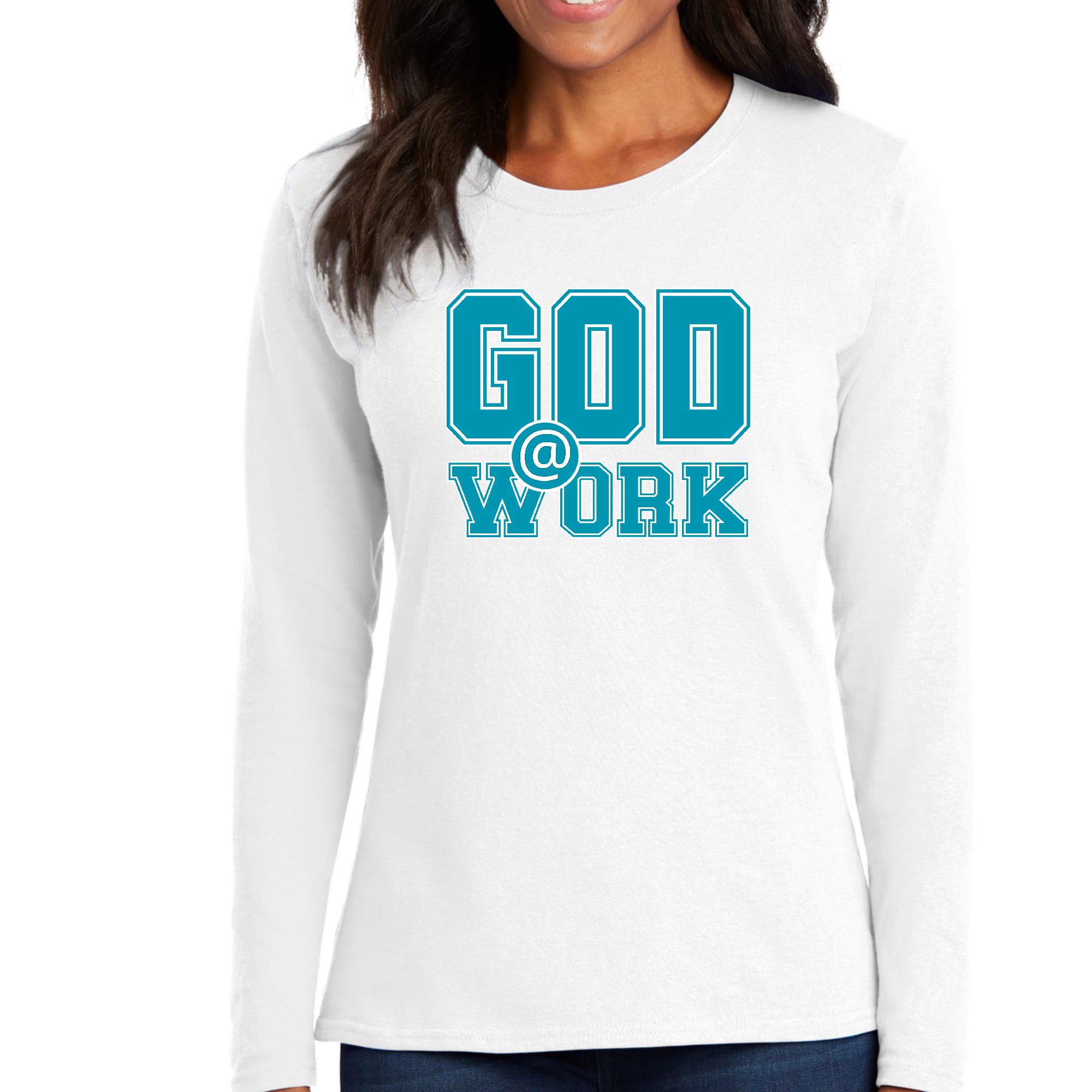 Womens Long Sleeve Graphic T-shirt in blue, green, and white with 'God @ Work' print, showcasing a stylish and comfortable design.