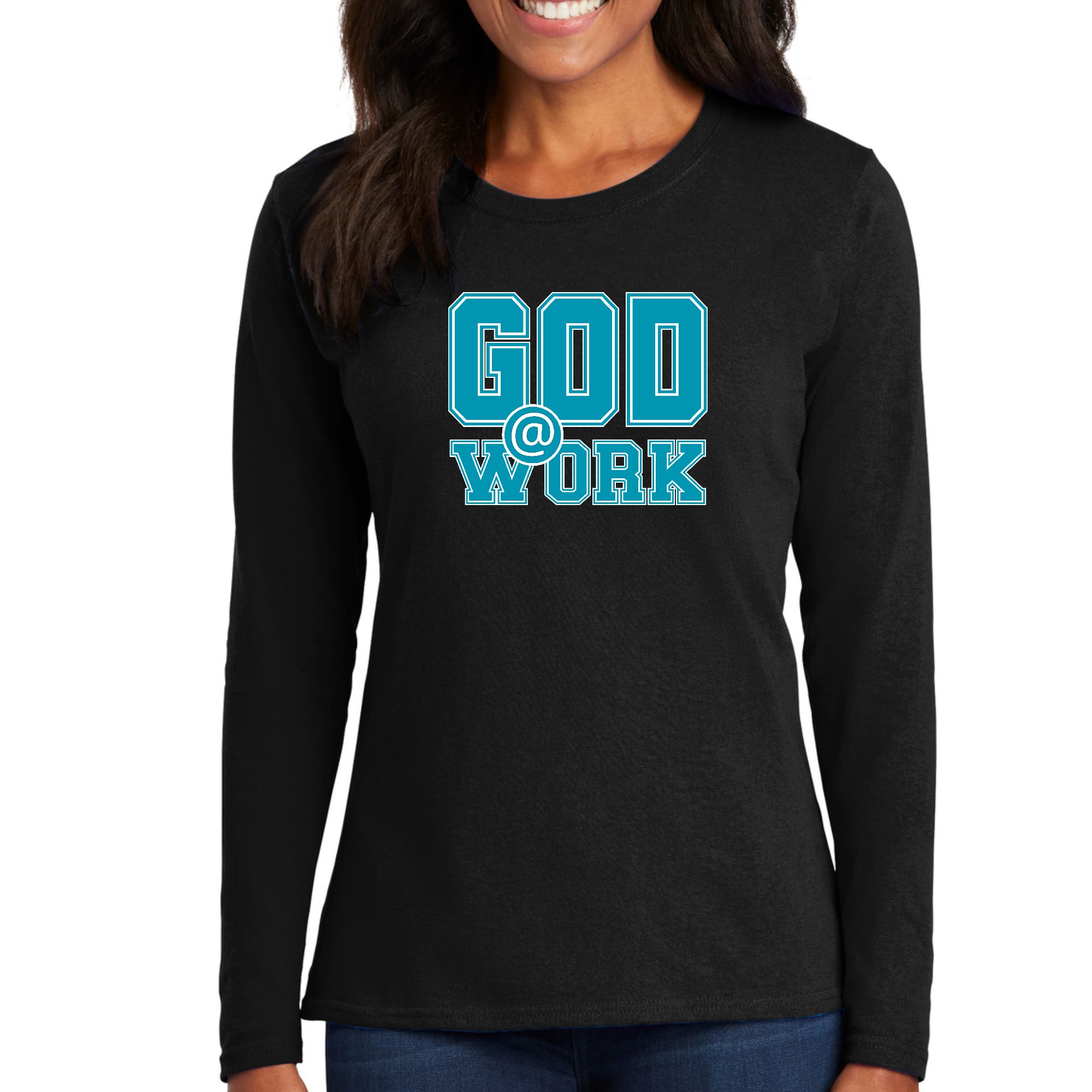 Womens Long Sleeve Graphic T-shirt in blue, green, and white with 'God @ Work' print, showcasing a stylish and comfortable design.