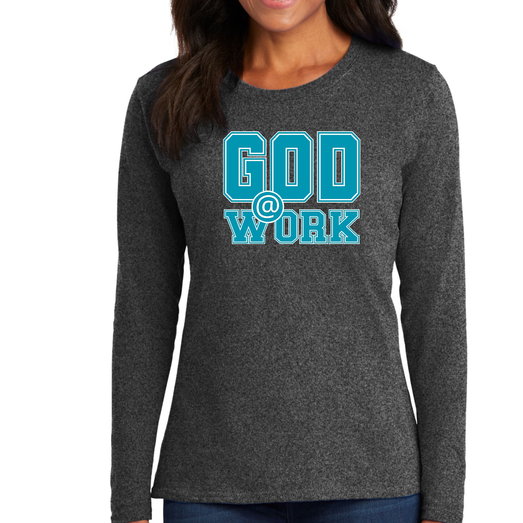 Womens Long Sleeve Graphic T-shirt in blue, green, and white with 'God @ Work' print, showcasing a stylish and comfortable design.