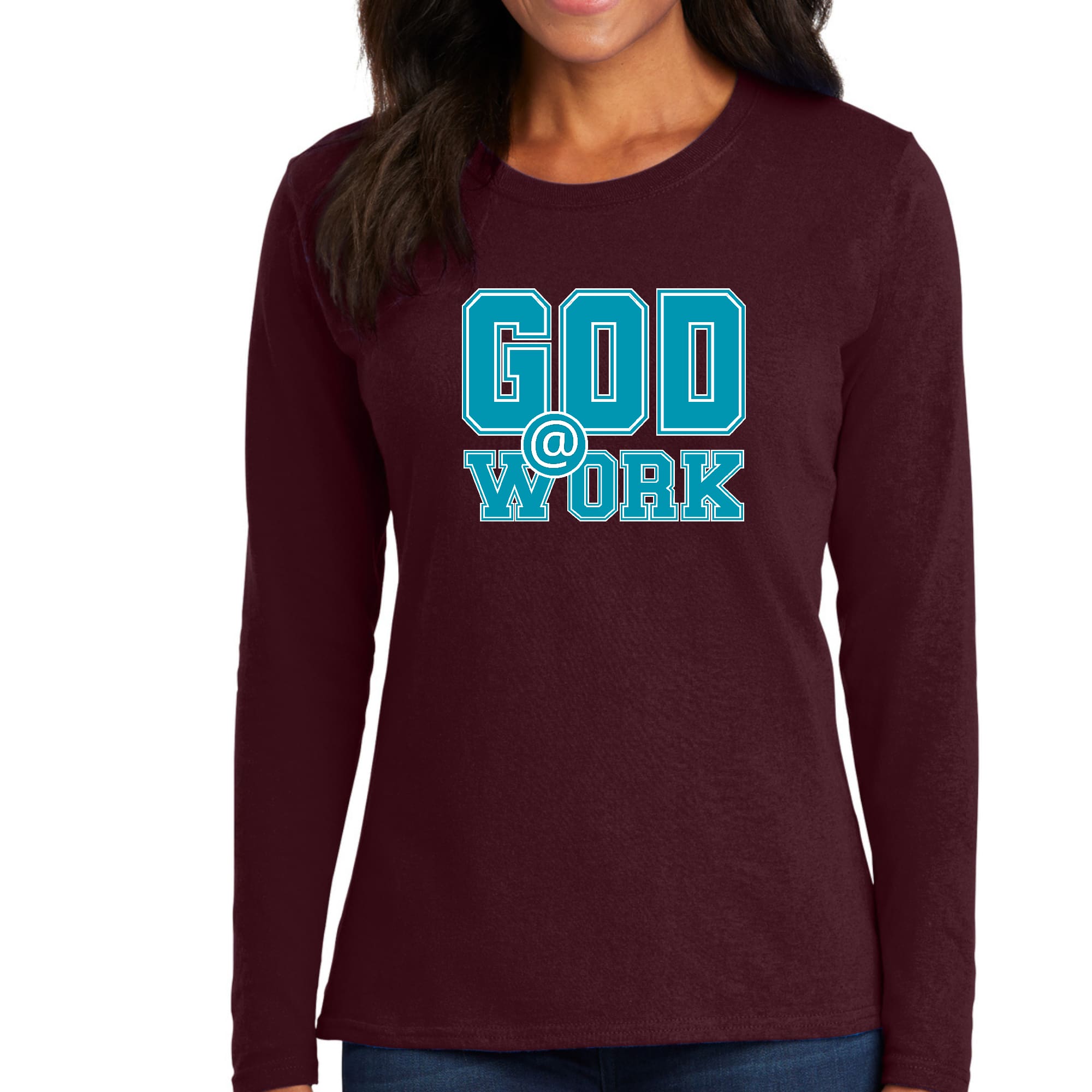 Womens Long Sleeve Graphic T-shirt in blue, green, and white with 'God @ Work' print, showcasing a stylish and comfortable design.