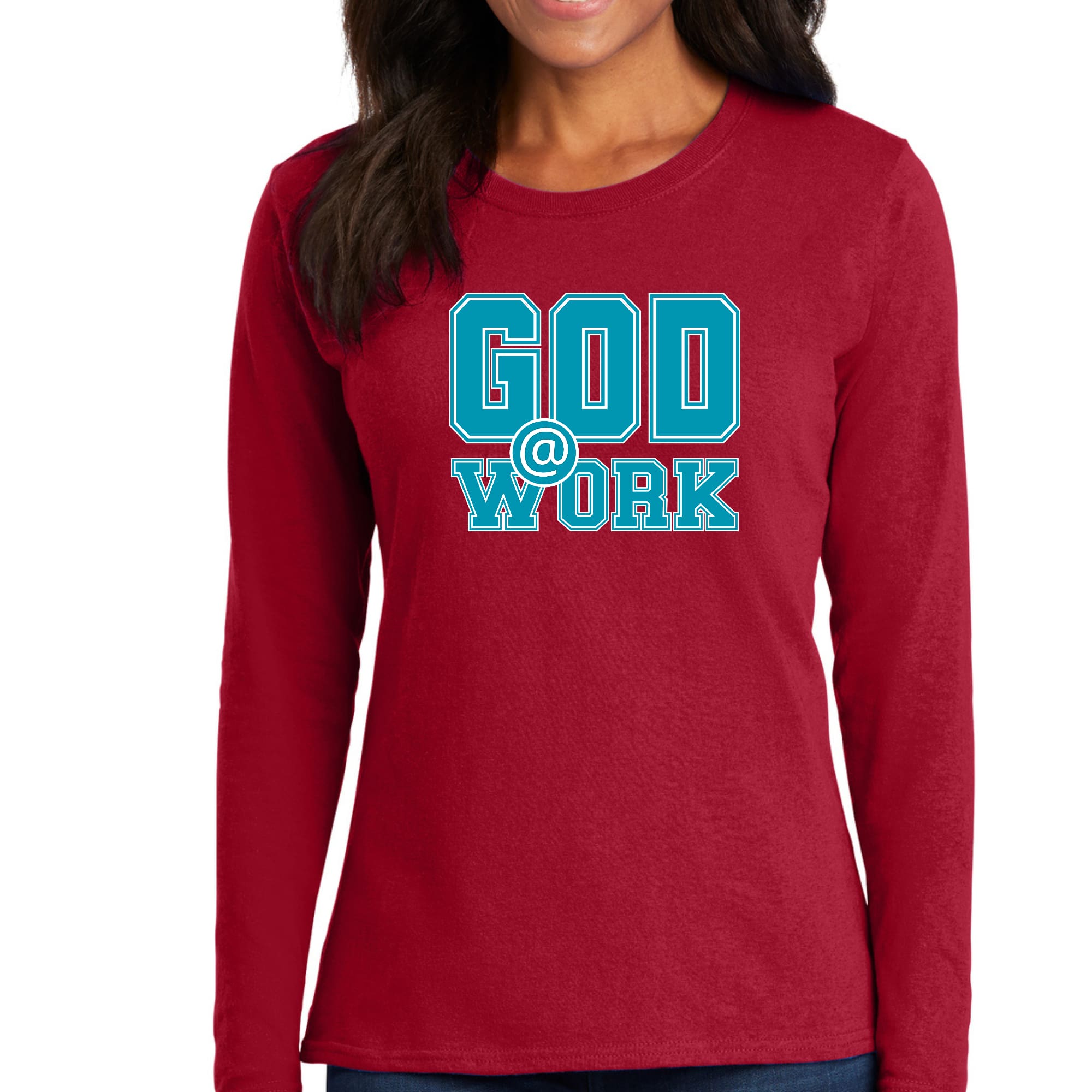 Womens Long Sleeve Graphic T-shirt in blue, green, and white with 'God @ Work' print, showcasing a stylish and comfortable design.