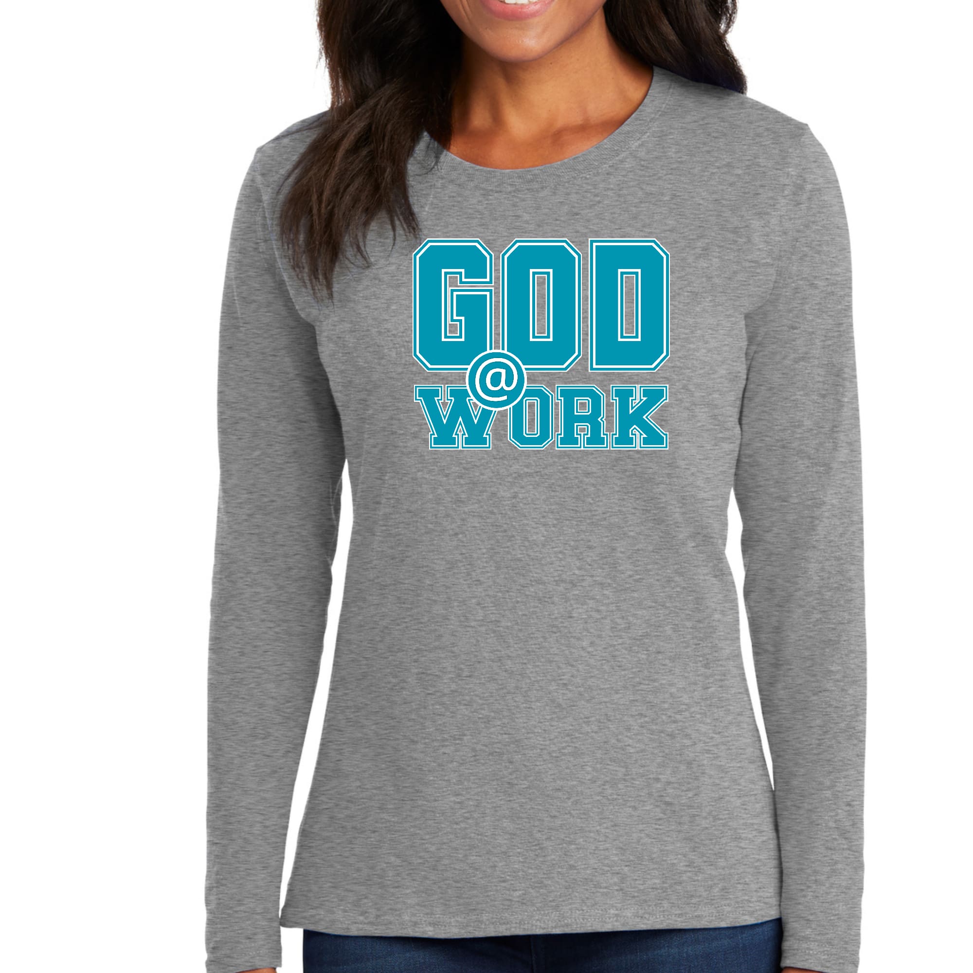 Womens Long Sleeve Graphic T-shirt in blue, green, and white with 'God @ Work' print, showcasing a stylish and comfortable design.