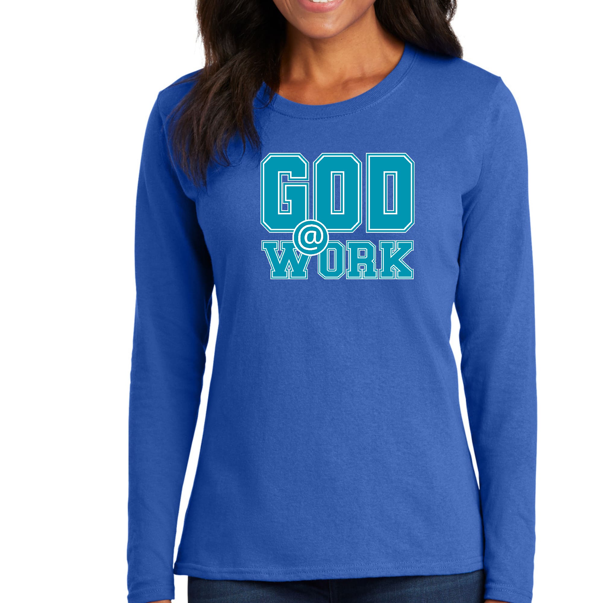 Womens Long Sleeve Graphic T-shirt in blue, green, and white with 'God @ Work' print, showcasing a stylish and comfortable design.