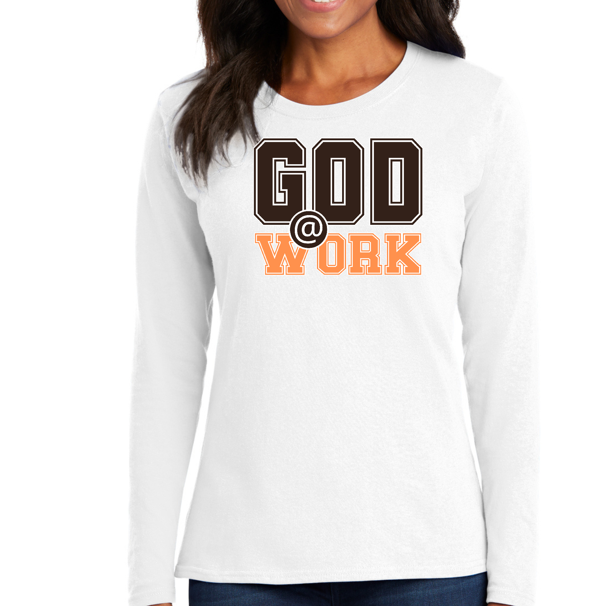 Womens Long Sleeve Graphic T-shirt in brown and orange with God @ Work print, showcasing a stylish and comfortable design.
