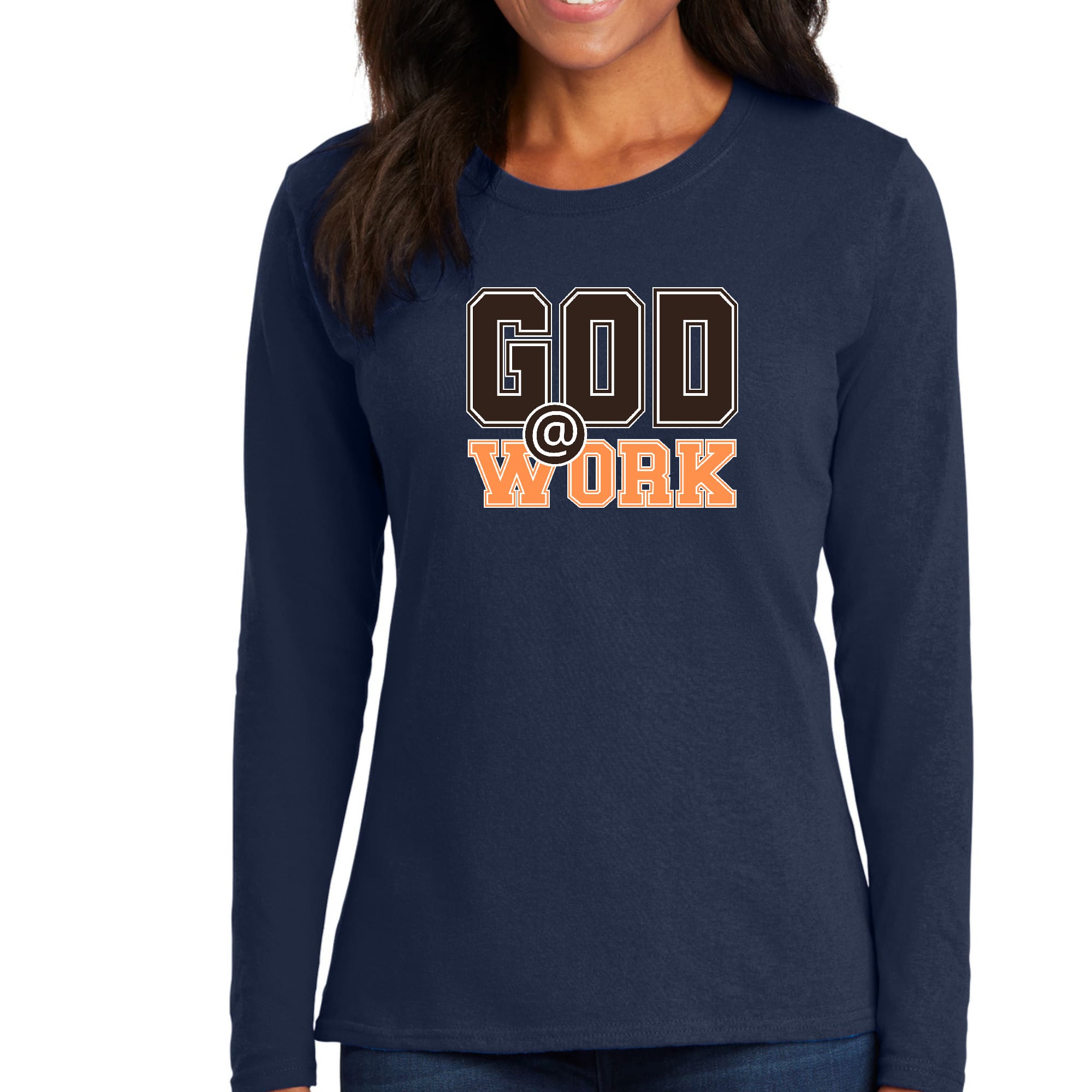 Womens Long Sleeve Graphic T-shirt in brown and orange with God @ Work print, showcasing a stylish and comfortable design.