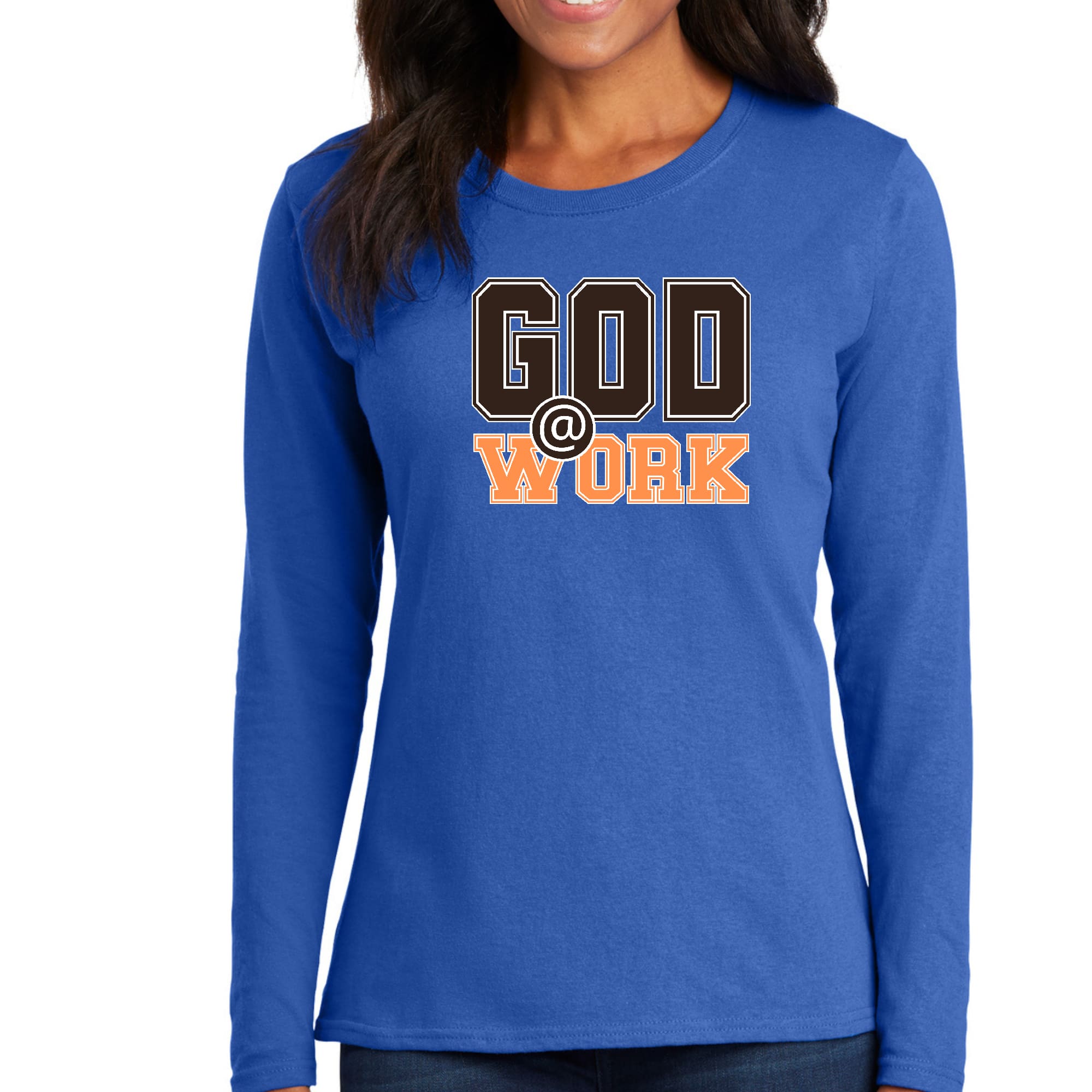 Womens Long Sleeve Graphic T-shirt in brown and orange with God @ Work print, showcasing a stylish and comfortable design.