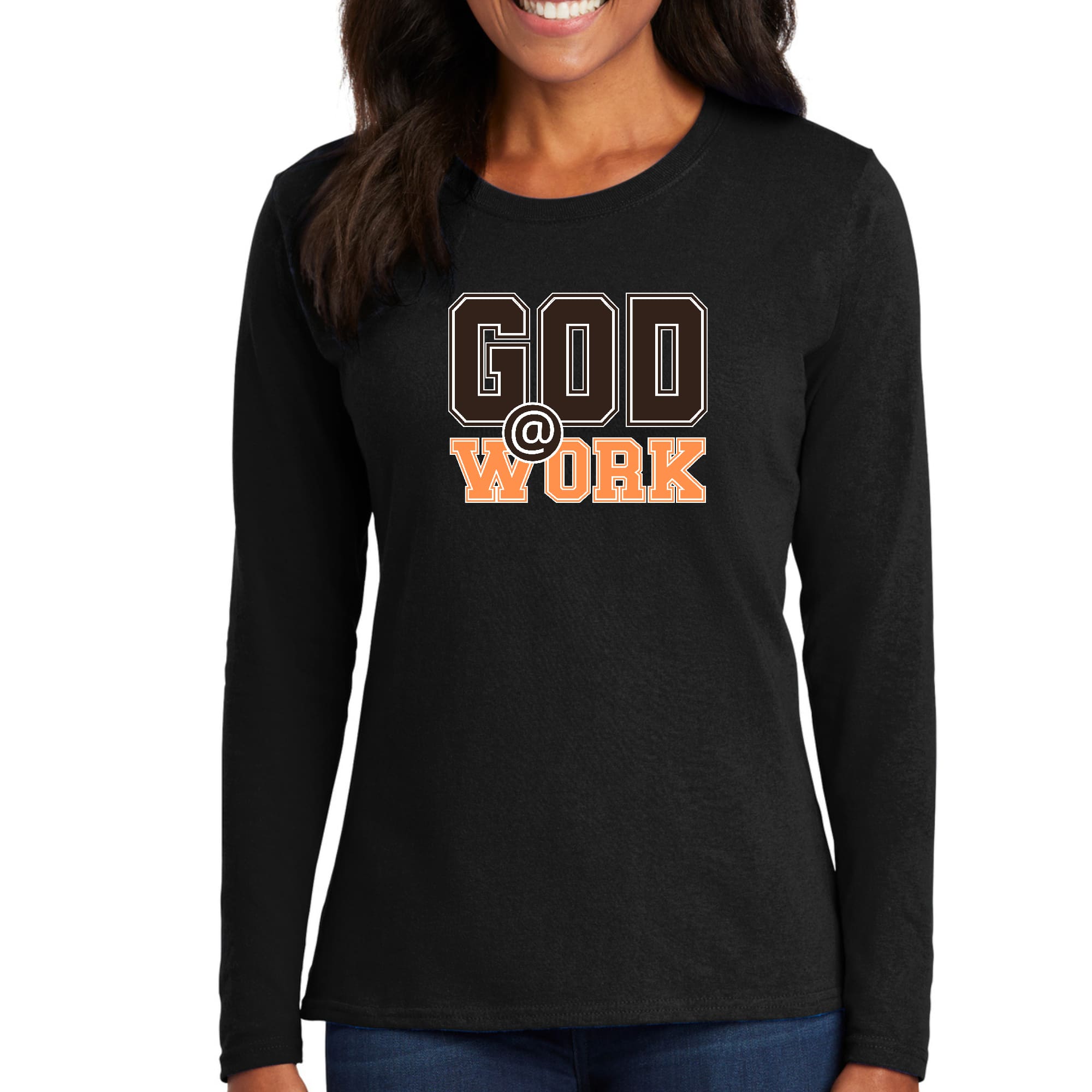 Womens Long Sleeve Graphic T-shirt in brown and orange with God @ Work print, showcasing a stylish and comfortable design.