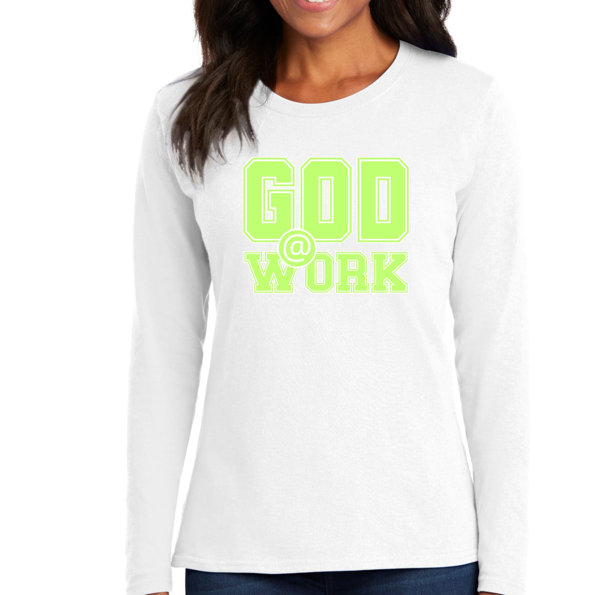 Womens Long Sleeve Graphic T-shirt in neon green and white with God @ Work print, showcasing a stylish and comfortable design.