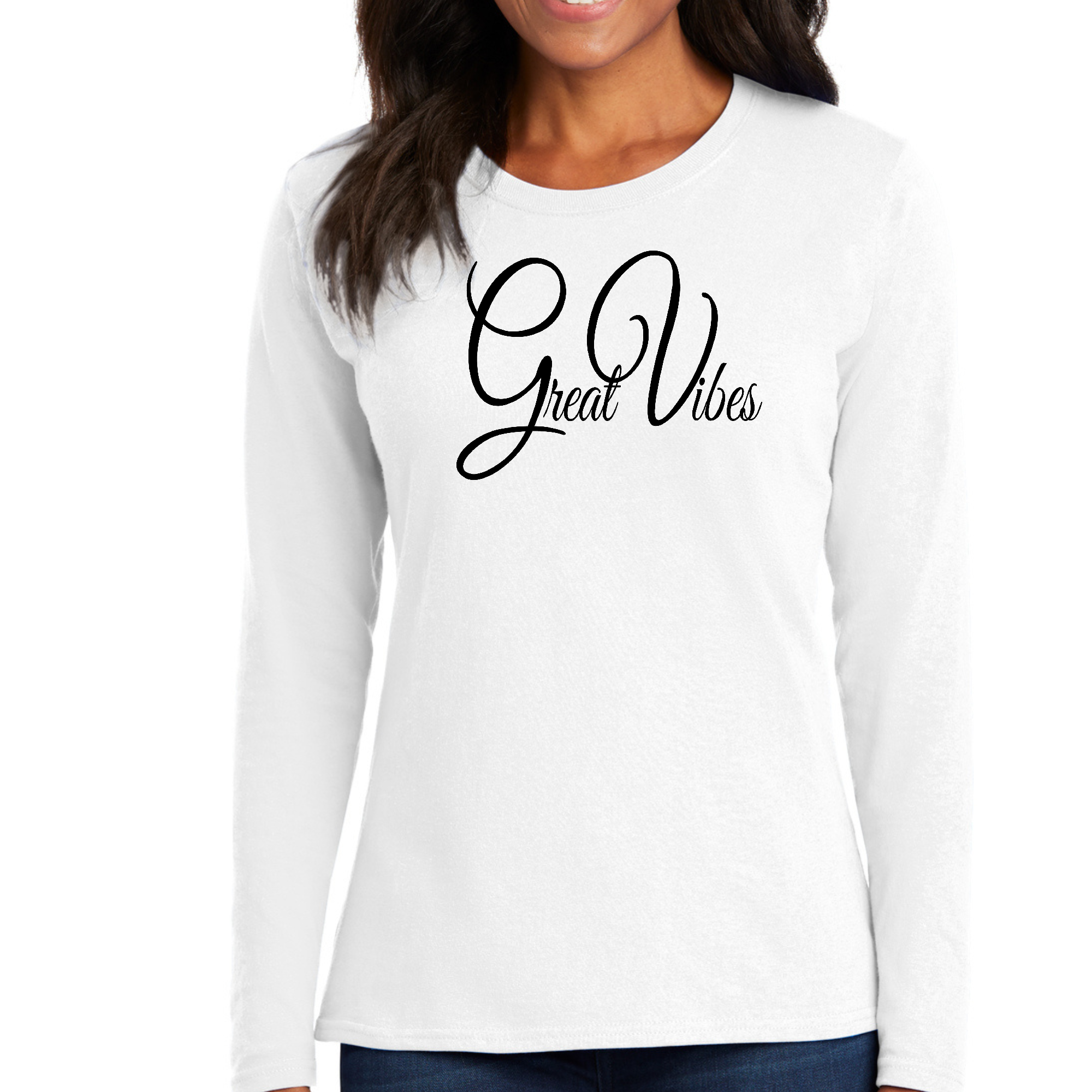 Women's Long Sleeve Graphic T-shirt featuring Great Vibes black illustration, showcasing vibrant colors and comfortable fit.