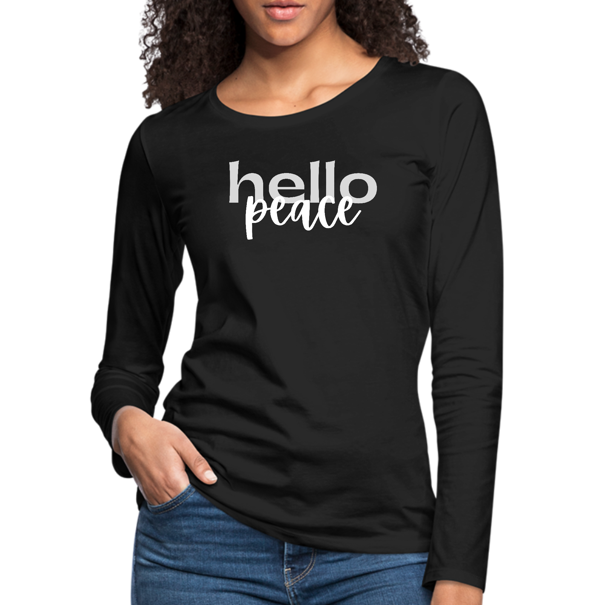 Women's Long Sleeve Graphic T-shirt in grey and white featuring 'Hello Peace' motivational design, made from soft preshrunk cotton.