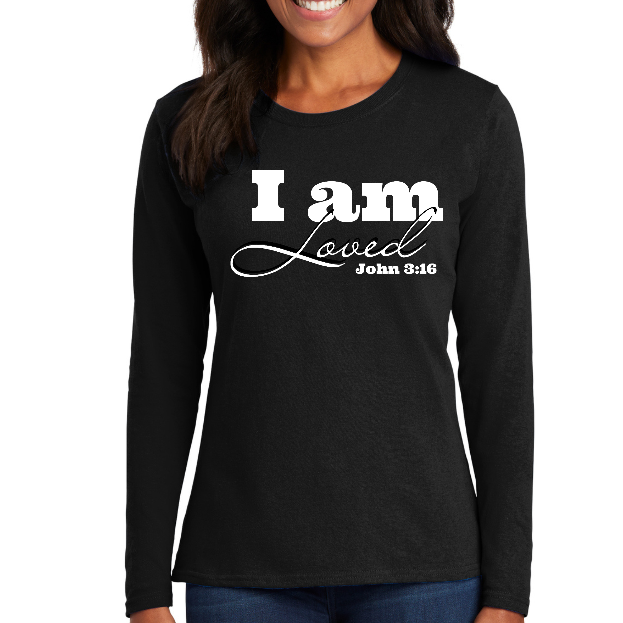 Women's Long Sleeve Graphic T-shirt with 'I Am Loved' John 3:16 verse printed on the front, showcasing a comfortable and stylish design.
