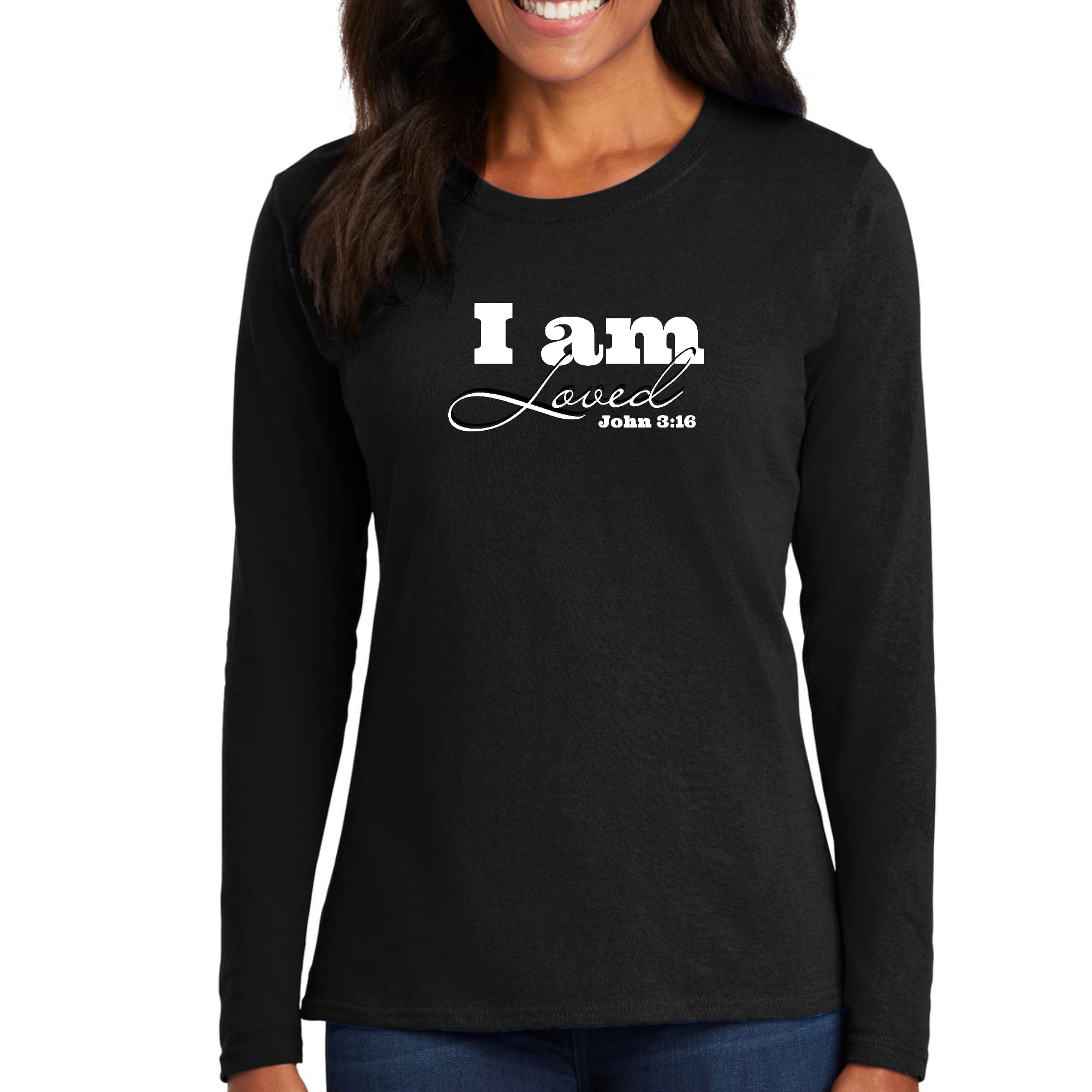 Women's Long Sleeve Graphic T-shirt with 'I Am Loved' John 3:16 verse printed on the front, showcasing a comfortable and stylish design.