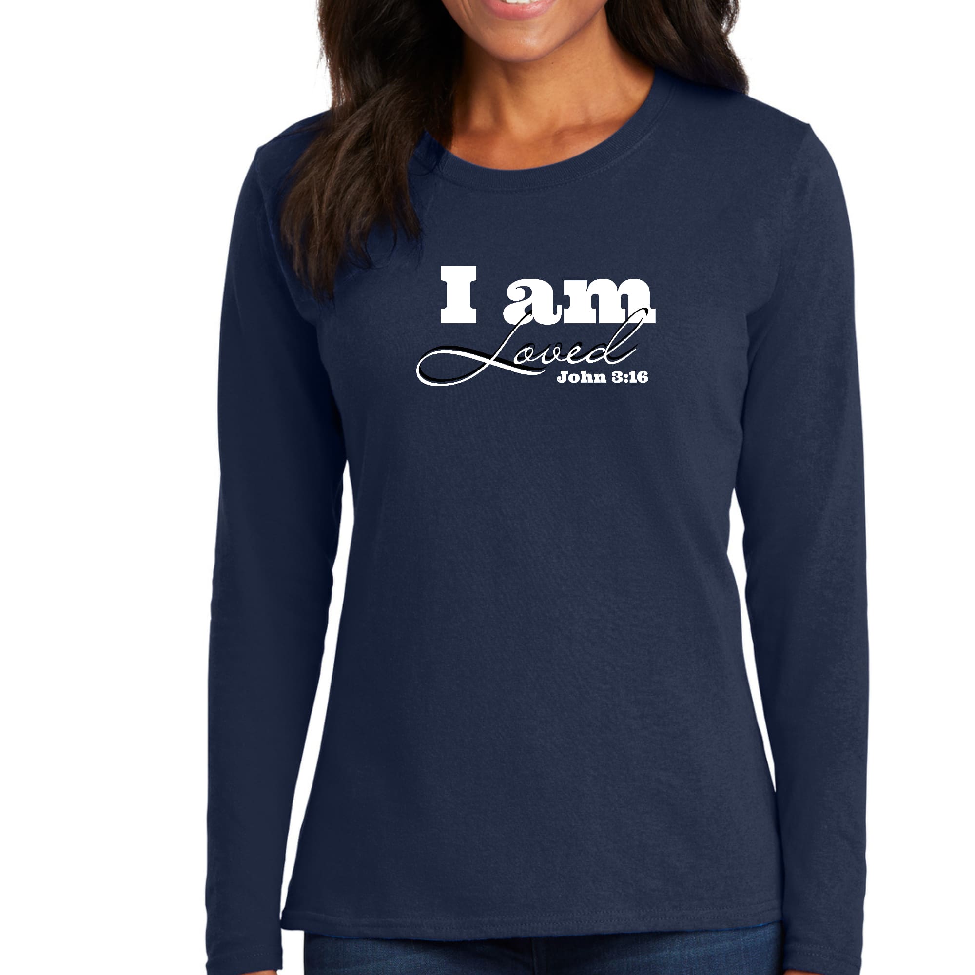 Women's Long Sleeve Graphic T-shirt with 'I Am Loved' John 3:16 verse printed on the front, showcasing a comfortable and stylish design.
