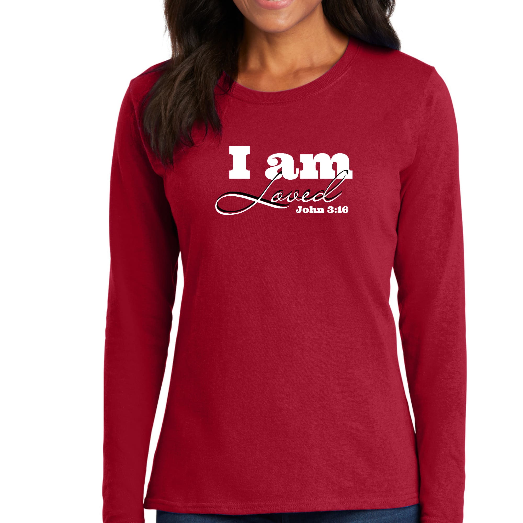 Women's Long Sleeve Graphic T-shirt with 'I Am Loved' John 3:16 verse printed on the front, showcasing a comfortable and stylish design.