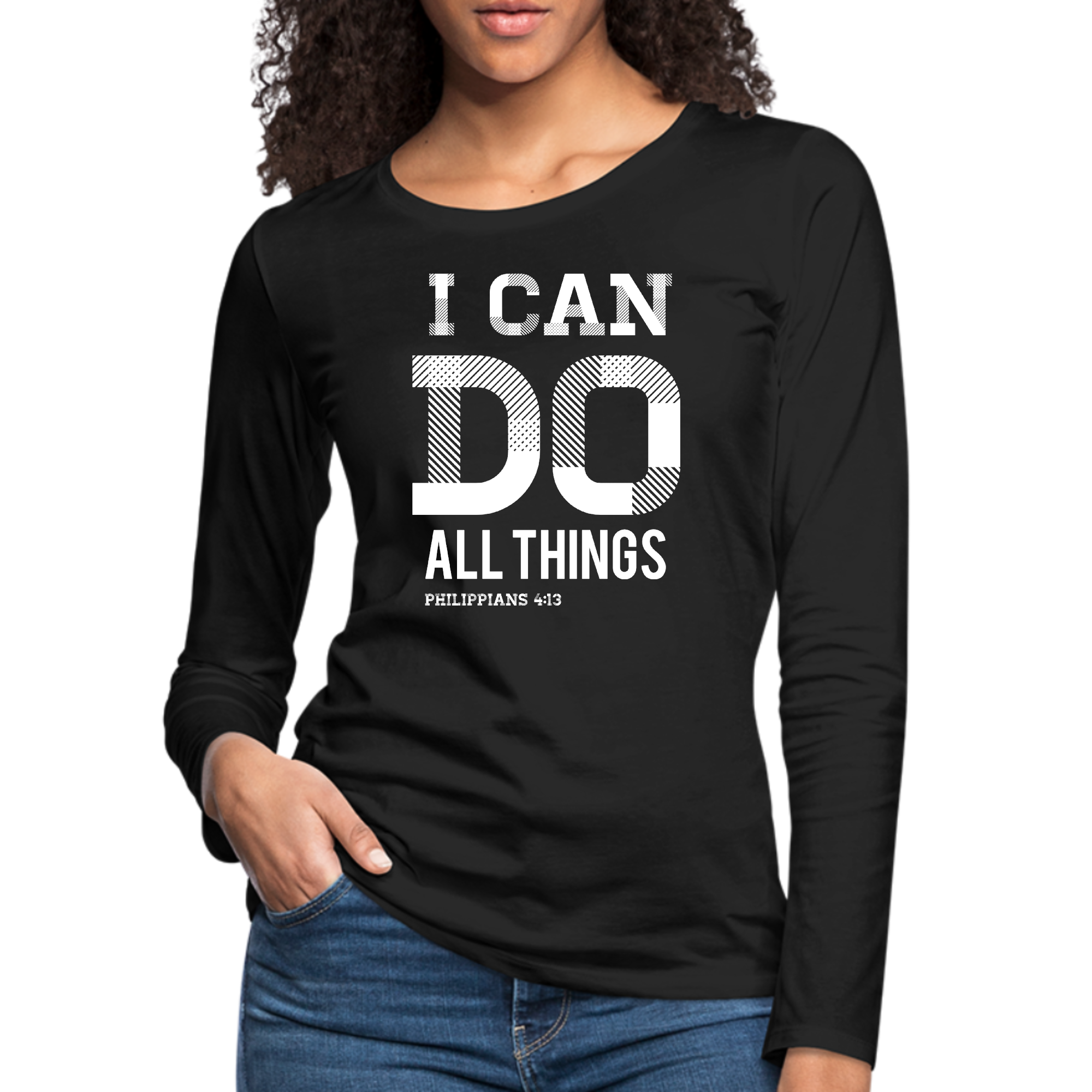 Women's Long Sleeve Graphic T-shirt featuring Philippians 4:13 scripture print, made from soft preshrunk cotton with a classic fit.