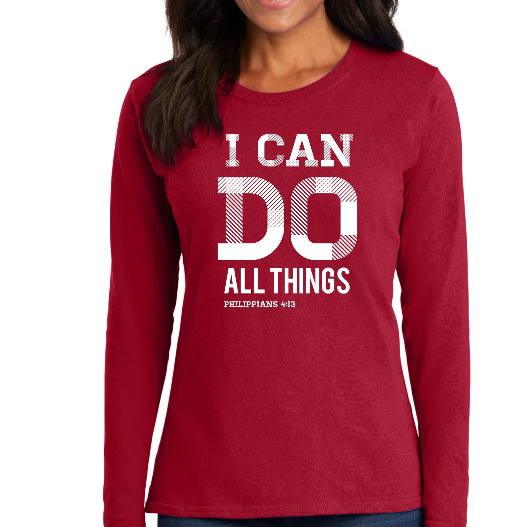 Women's Long Sleeve Graphic T-shirt featuring Philippians 4:13 scripture print, made from soft preshrunk cotton with a classic fit.