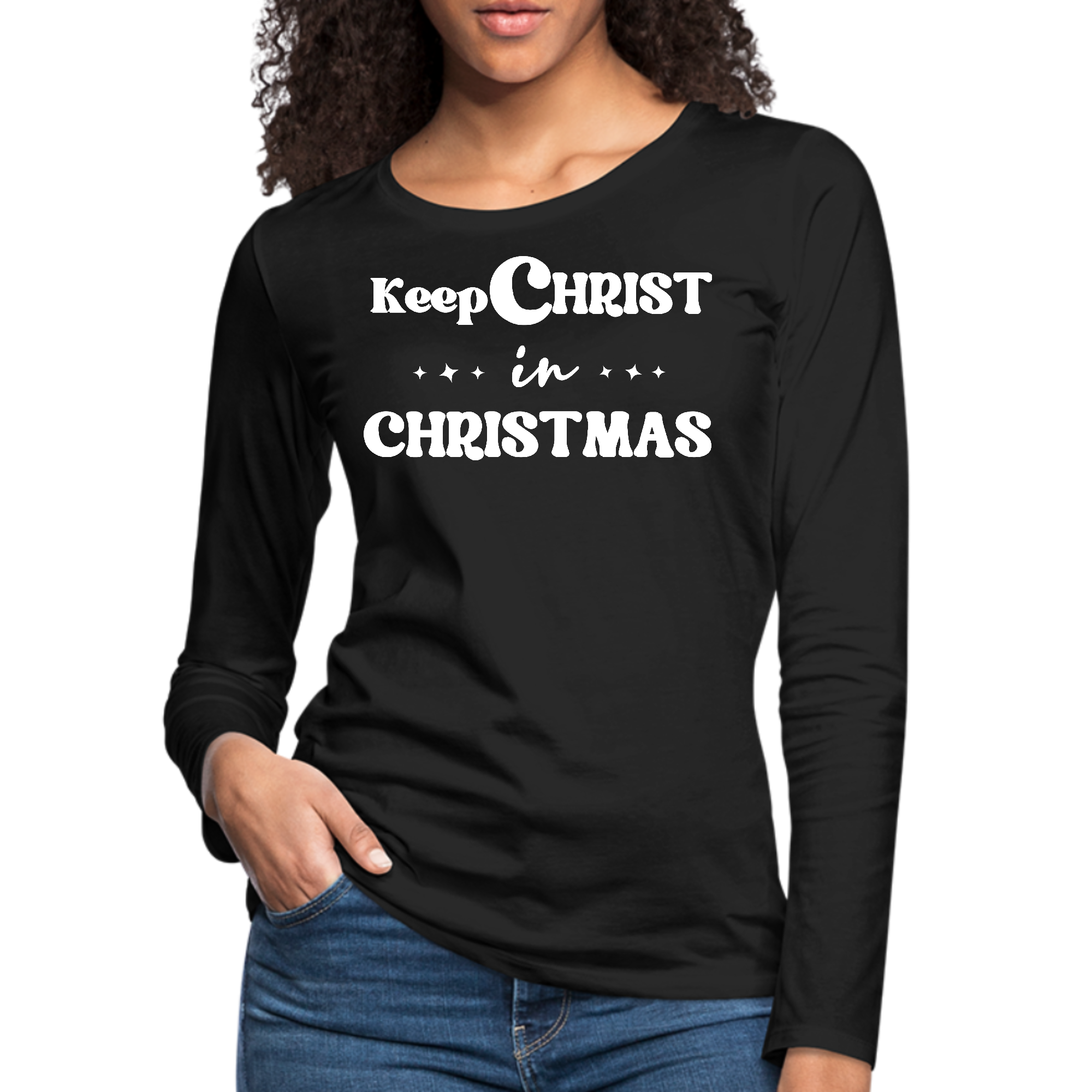 Women's Long Sleeve Graphic T-shirt featuring 'Keep Christ in Christmas' design, made from soft cotton with durable stitching.