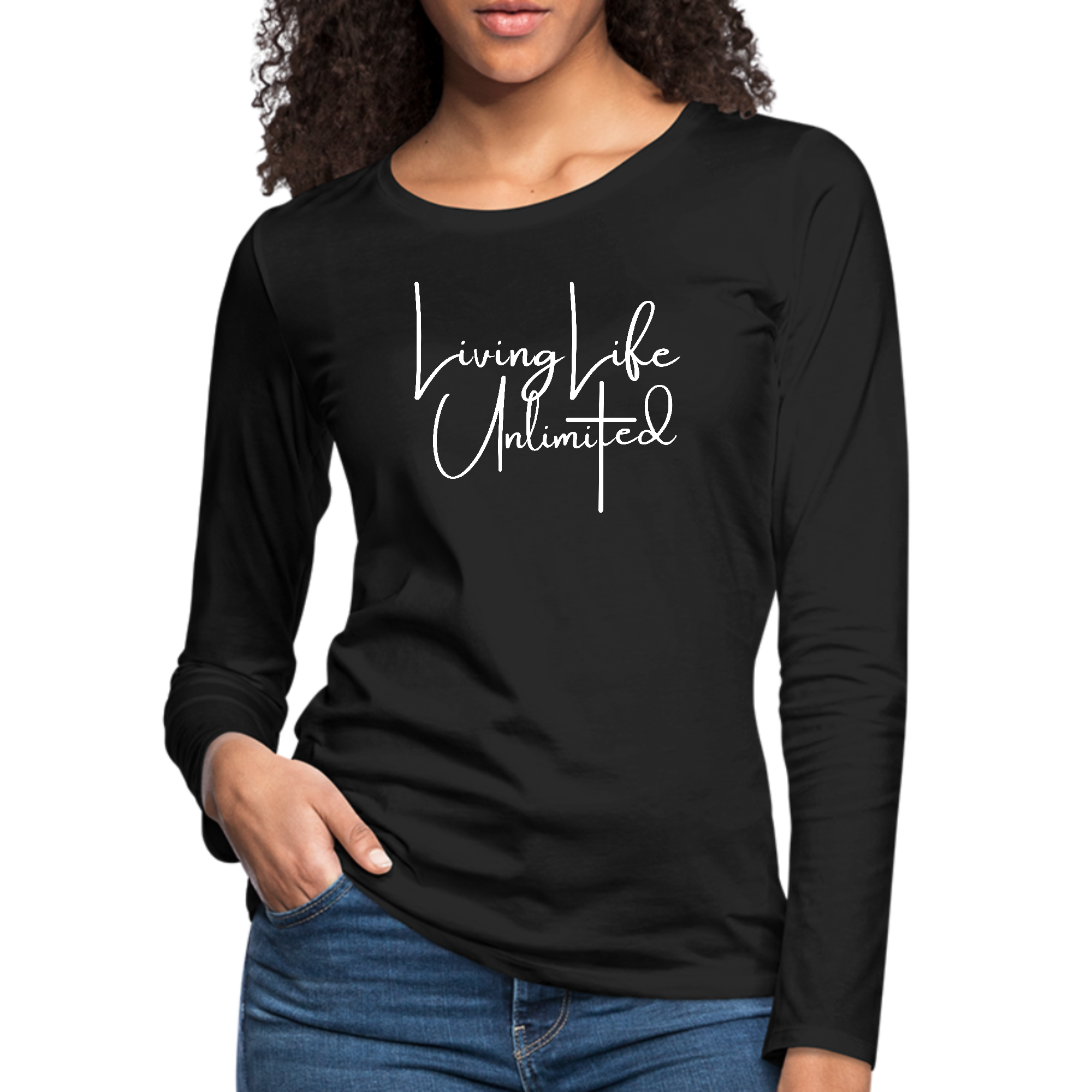 Women's Long Sleeve Graphic T-shirt featuring 'Living Life Unlimited' inspirational design, made from soft preshrunk cotton.