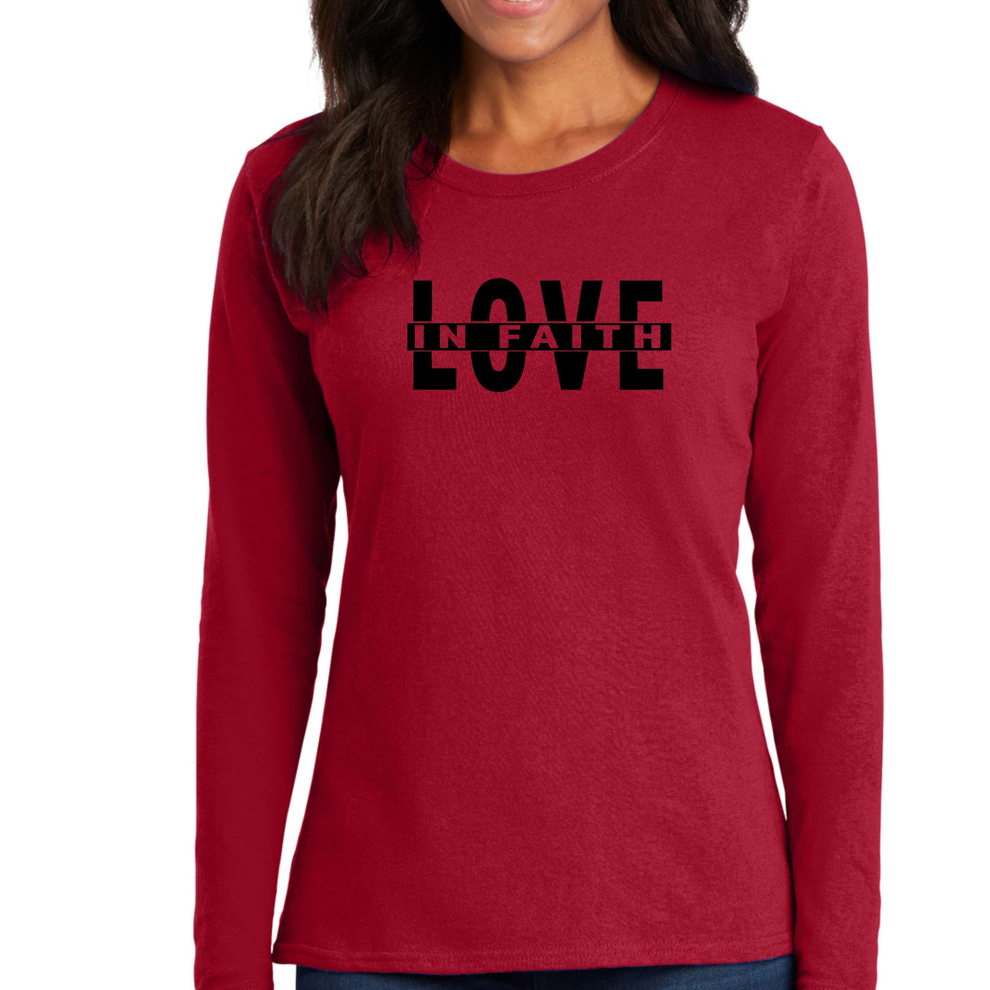 Womens Long Sleeve Graphic T-shirt in black featuring Love in Faith illustration, made from soft preshrunk cotton.
