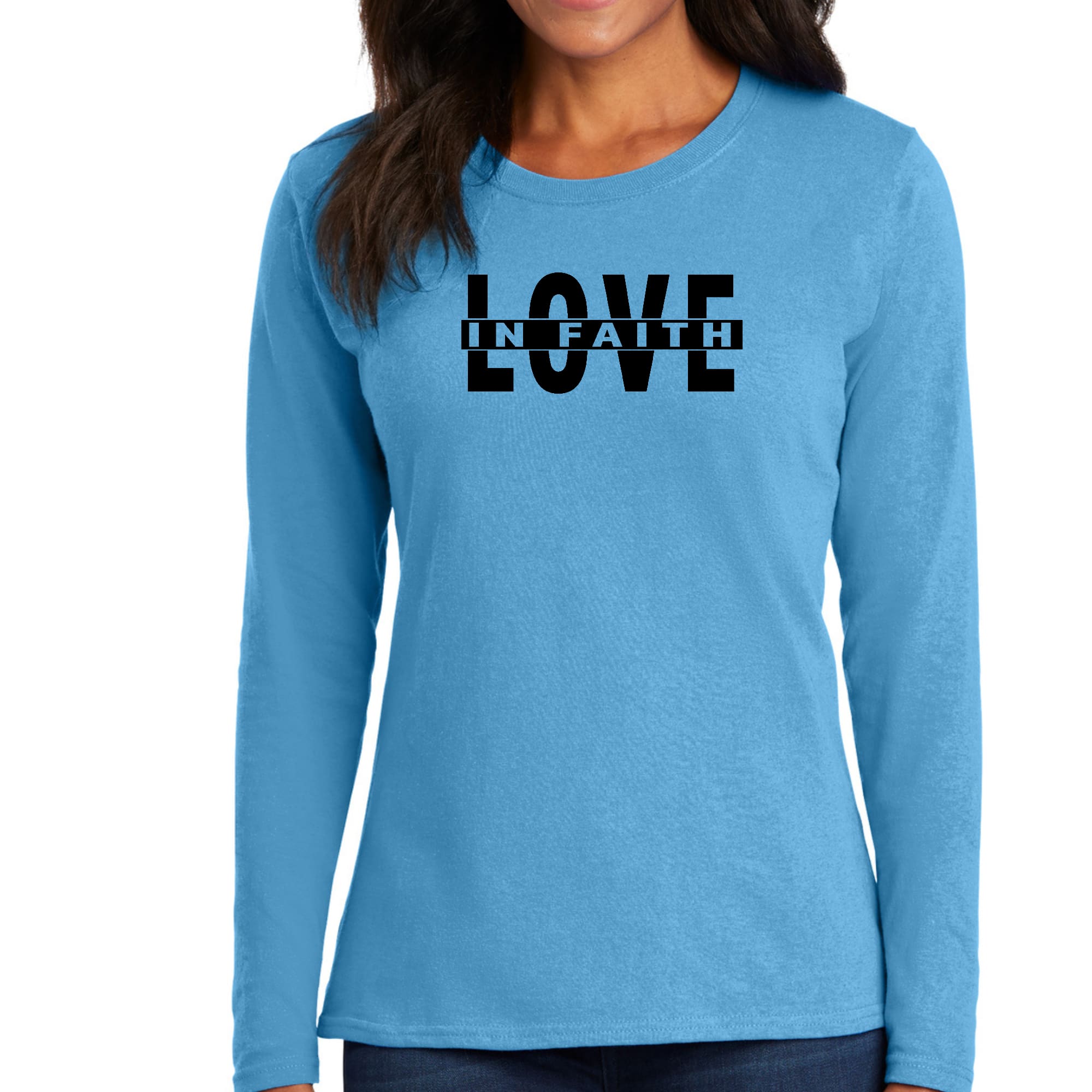 Womens Long Sleeve Graphic T-shirt in black featuring Love in Faith illustration, made from soft preshrunk cotton.