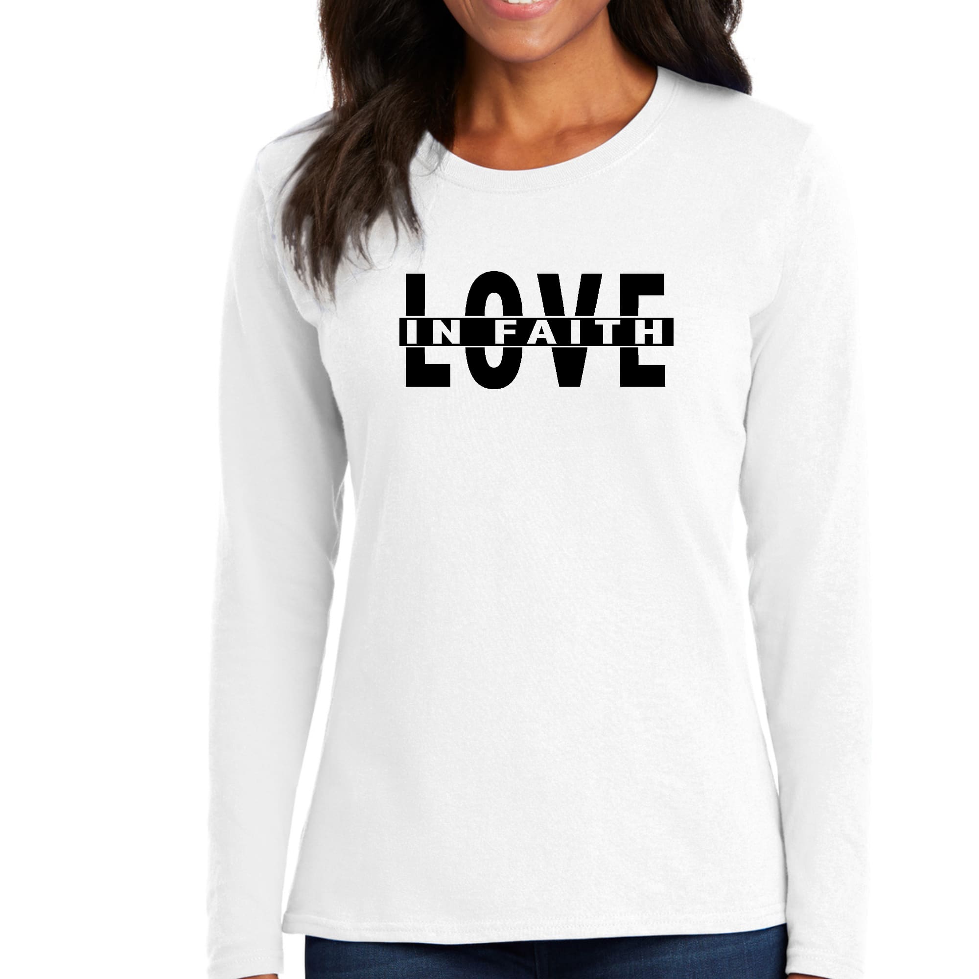 Womens Long Sleeve Graphic T-shirt in black featuring Love in Faith illustration, made from soft preshrunk cotton.