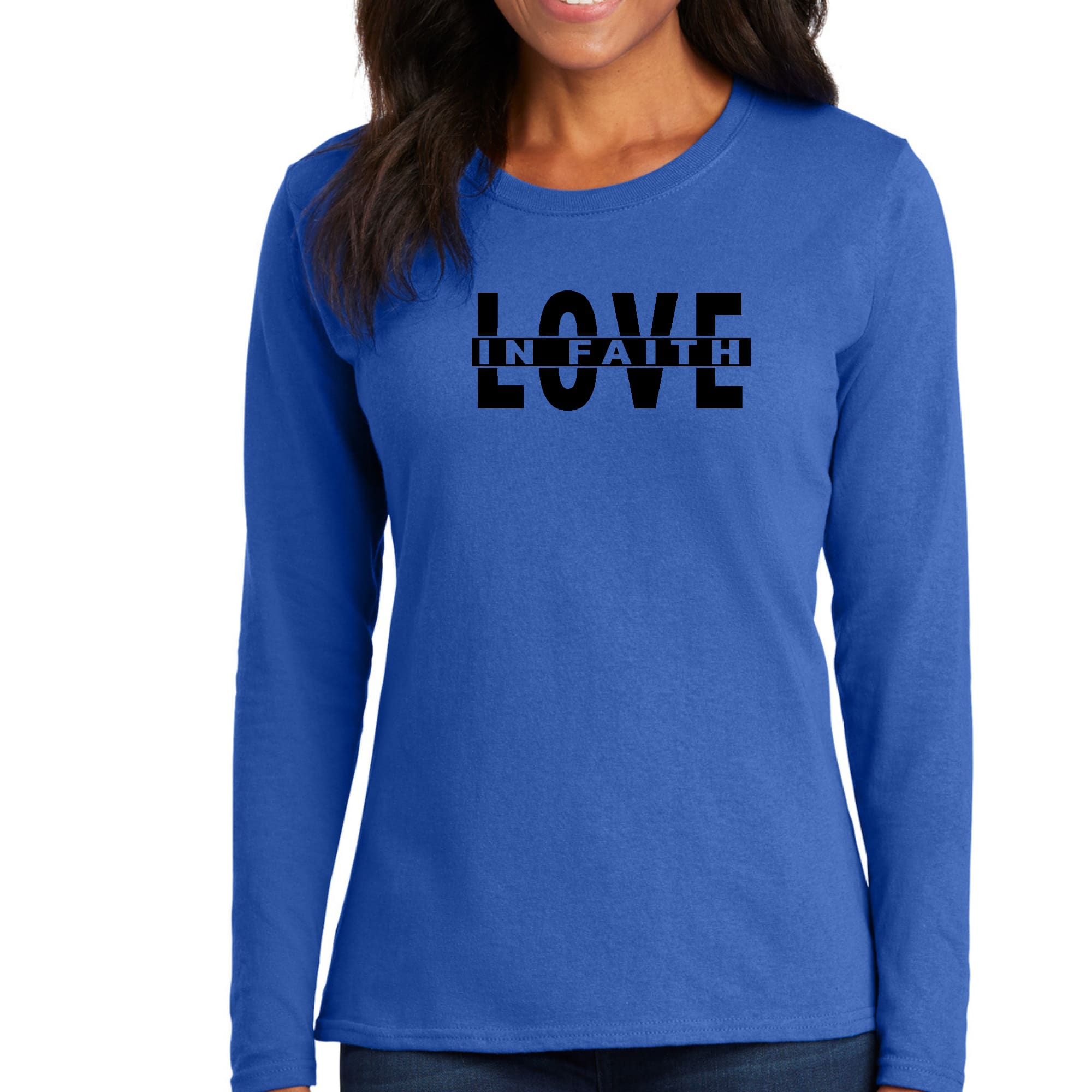 Womens Long Sleeve Graphic T-shirt in black featuring Love in Faith illustration, made from soft preshrunk cotton.