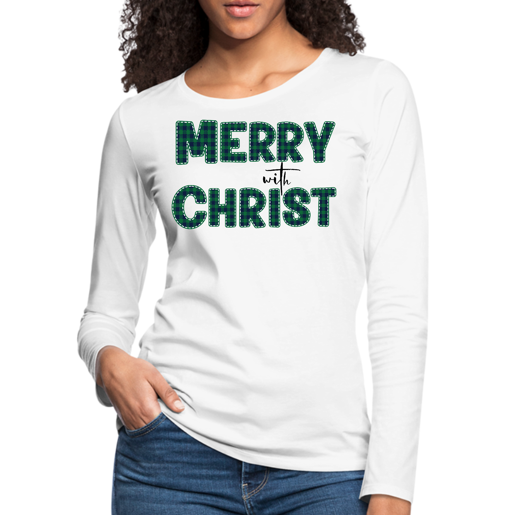 Women's Long Sleeve Graphic T-shirt in green plaid with Merry with Christ design, showcasing soft cotton material and stylish long sleeves.