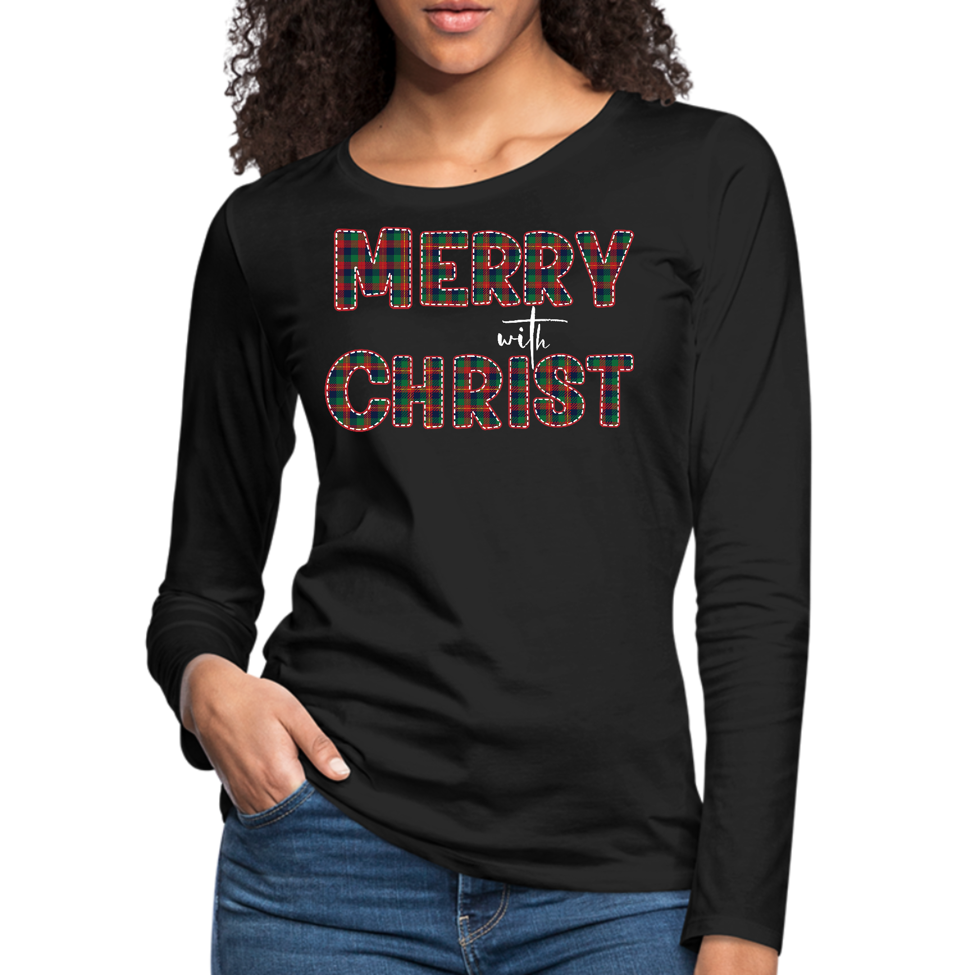Women's long sleeve graphic t-shirt in red and green with 'Merry with Christ' design, showcasing festive holiday spirit.