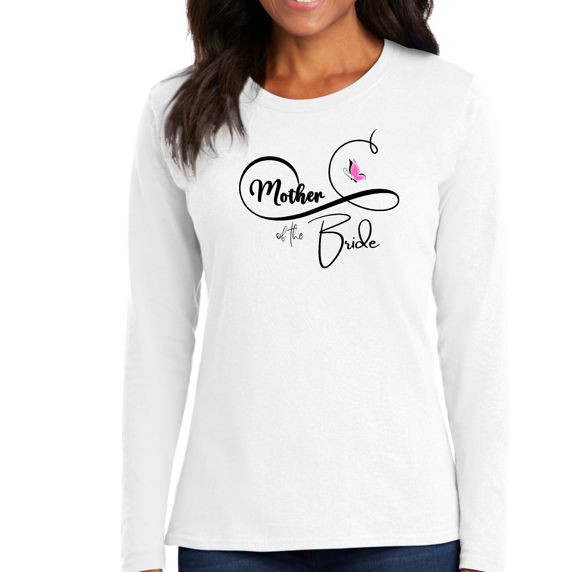 Women's Long Sleeve Graphic T-shirt featuring a pink butterfly illustration, perfect for Mother of the Bride at weddings.