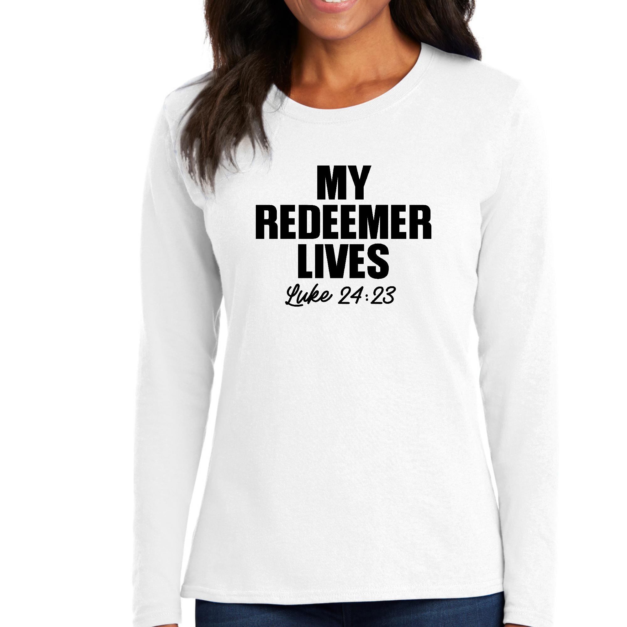 Women's Long Sleeve Graphic T-shirt featuring 'My Redeemer Lives' print, showcasing a stylish and comfortable design suitable for all seasons.