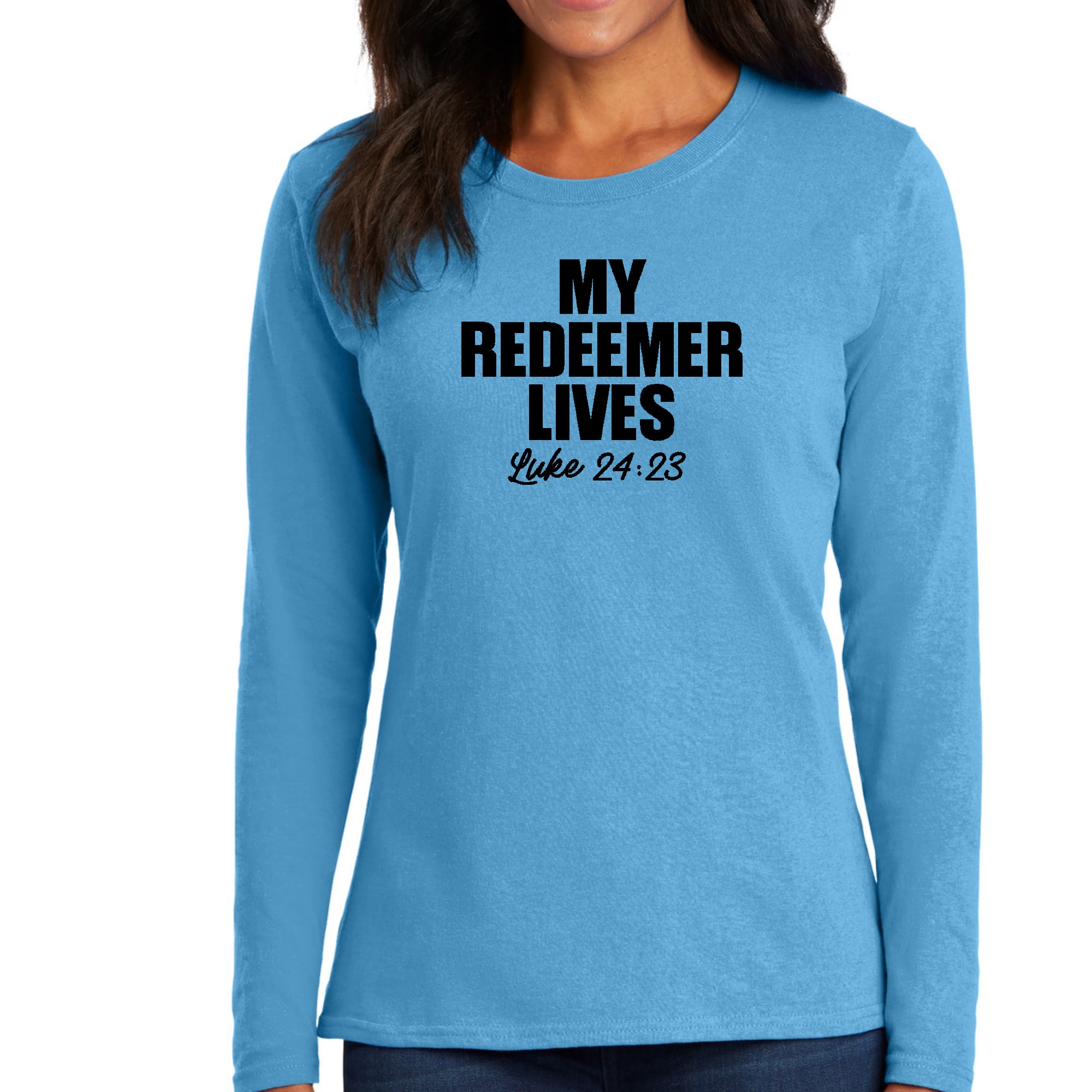 Women's Long Sleeve Graphic T-shirt featuring 'My Redeemer Lives' print, showcasing a stylish and comfortable design suitable for all seasons.