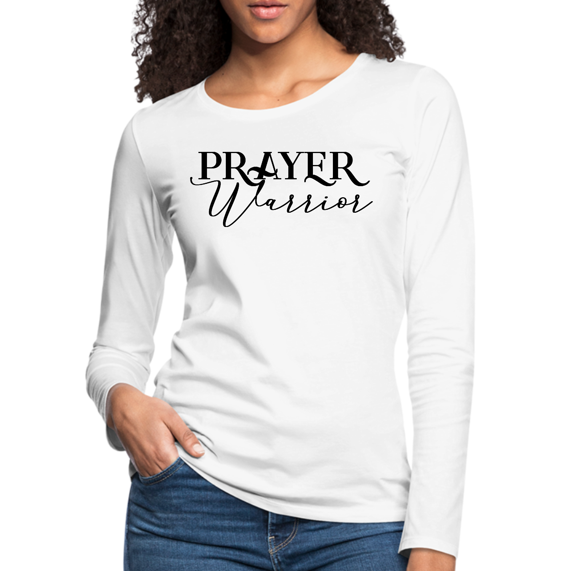 Women's long sleeve graphic t-shirt featuring Prayer Warrior script design, made from soft cotton with durable stitching.