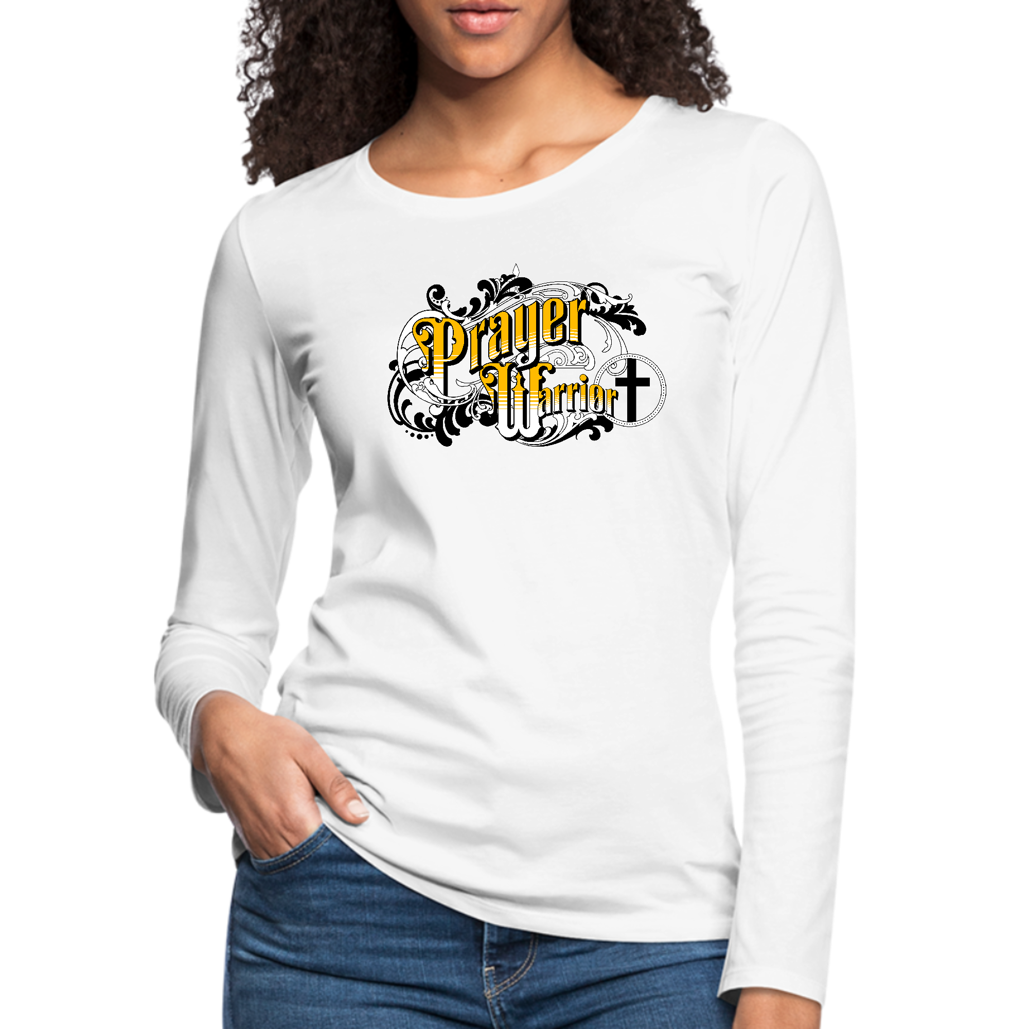 Women's long sleeve graphic t-shirt featuring a Prayer Warrior design in Victorian style, showcasing soft cotton material and durable stitching.