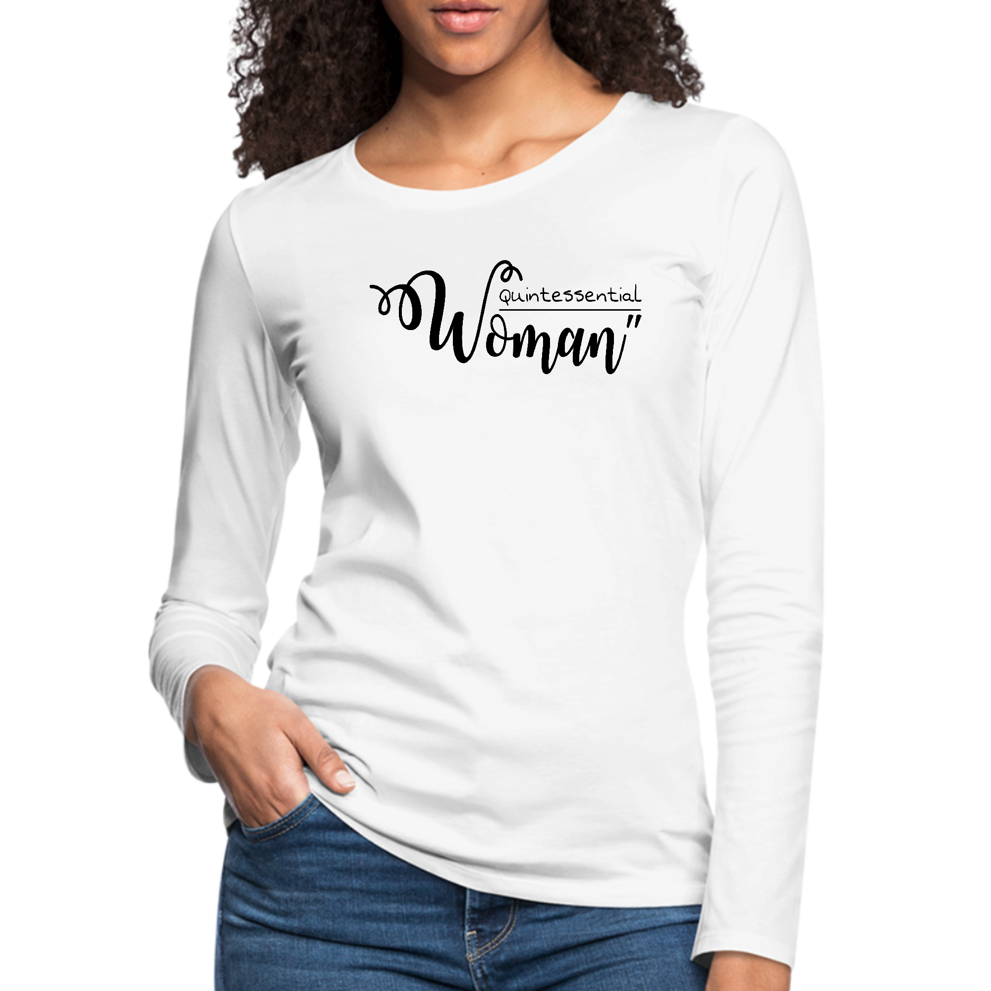 Womens Long Sleeve Graphic T-shirt in black featuring the inspirational Quintessential Woman design, made from soft preshrunk cotton.